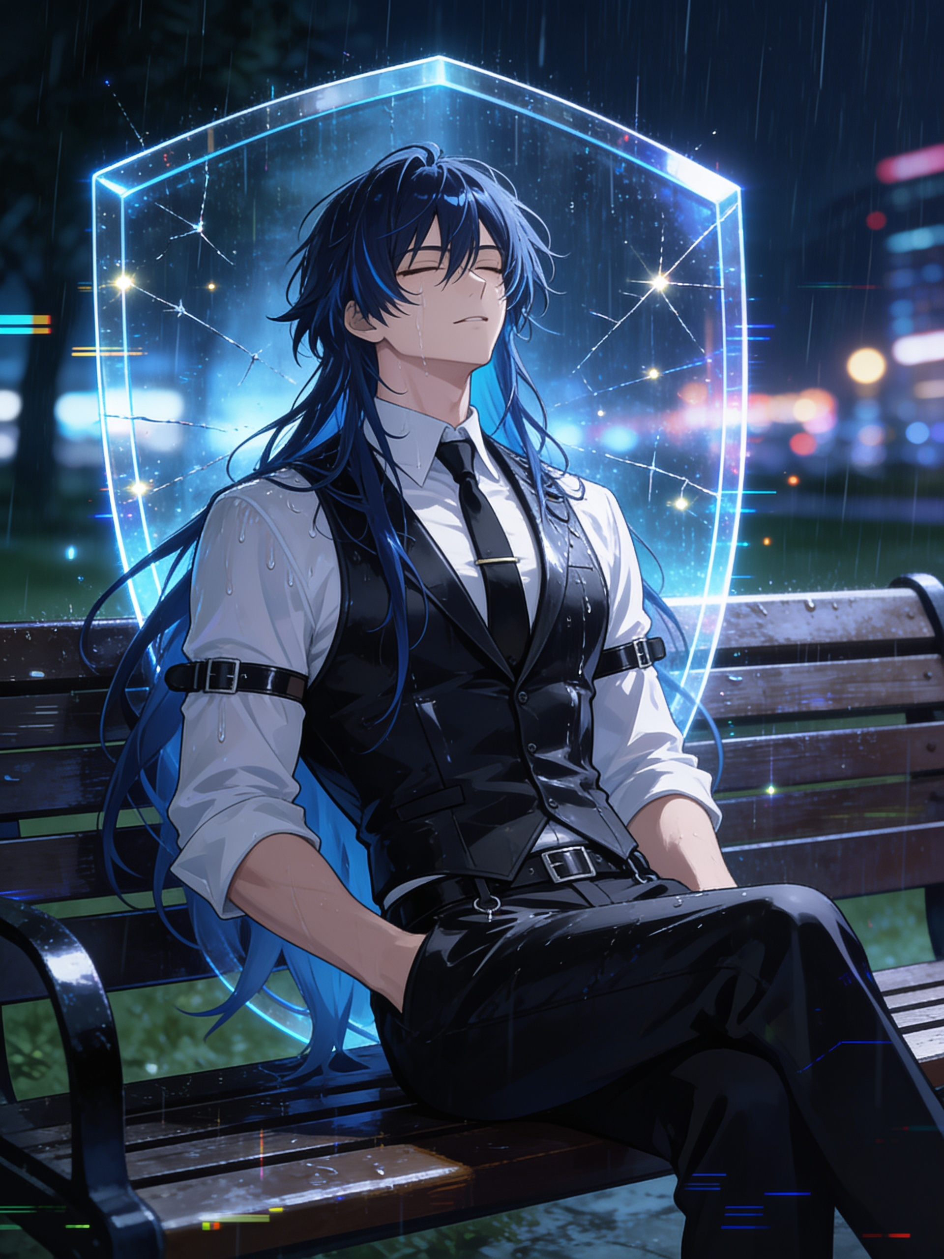 anime style, @andres-kpHe male OC sitting alone on a park bench during a rainy night, soaked clothes, messy hair, eyes closed while feeling the rain on his face, no umbrella, city lights blurred in the distance, symbolic transparent shield surrounding him, small glowing cracks in the shield representing invisible scars, melancholic but peaceful atmosphere, blue and silver tones, cinematic lighting, emotional storytelling, highly 8k, [cyberpunk-style]