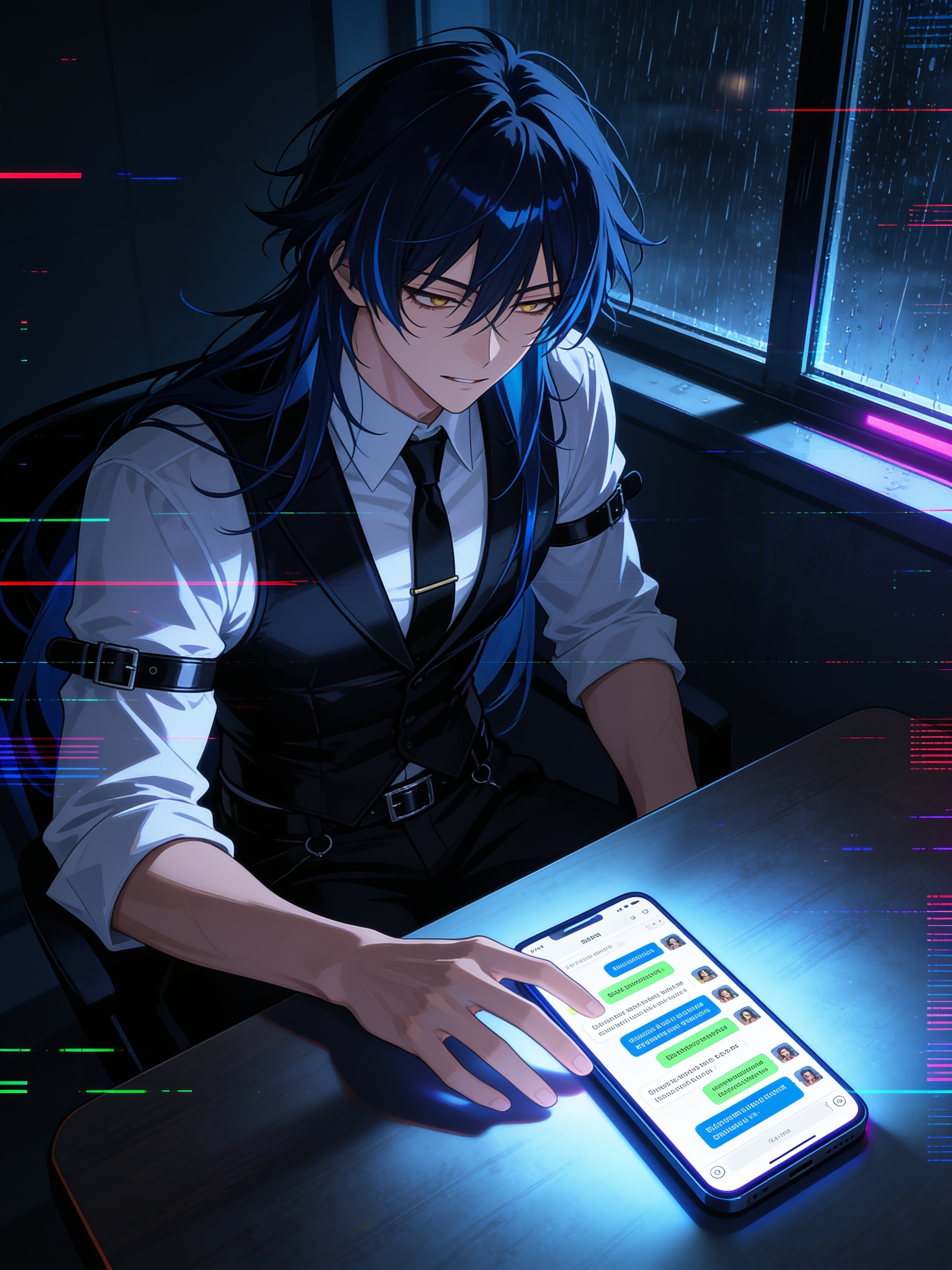 anime style, looking angustied his phone, @andres-kpHe male OC sitting at a table in darkness, only illuminated by his phone screen lying on the table, dozens of unread messages and notifications visible, his hand reaching toward the phone but stopping halfway, conflicted expression, messy hair and tired eyes, rain outside the window, emotional isolation, atmosphere of anxiety and loneliness, cinematic lighting, highly emotional storytelling, 8k, [cyberpunk-style]