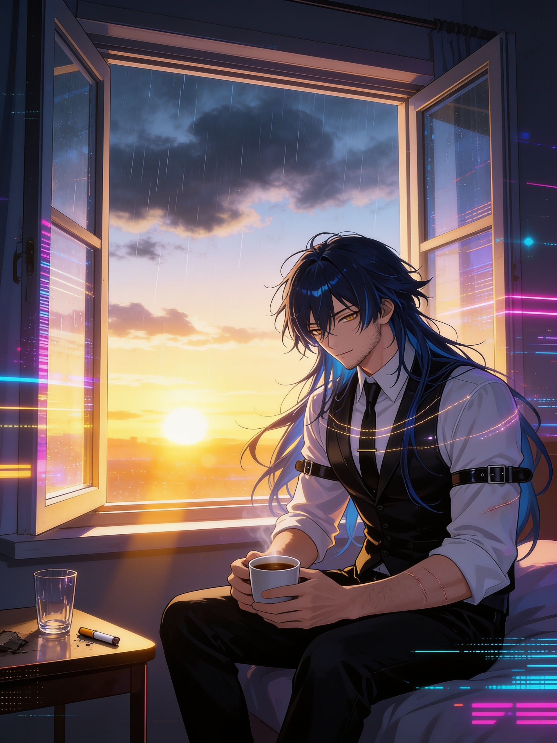 anime style, looking outside, open windows, @andres-kpHe male OC sitting quietly by a window at dawn after a sleepless night, slightly unshaven, messy hair but calmer expression, cup of coffee in his hands, extinguished cigarettes and empty glass left behind on a nearby table, first rays of sunlight entering the room, rain clouds slowly disappearing, invisible scars represented by faint glowing lines instead of cracks, atmosphere of healing and hope, peaceful mood, cinematic lighting, emotional storytelling, highly 8k, [cyberpunk-style]