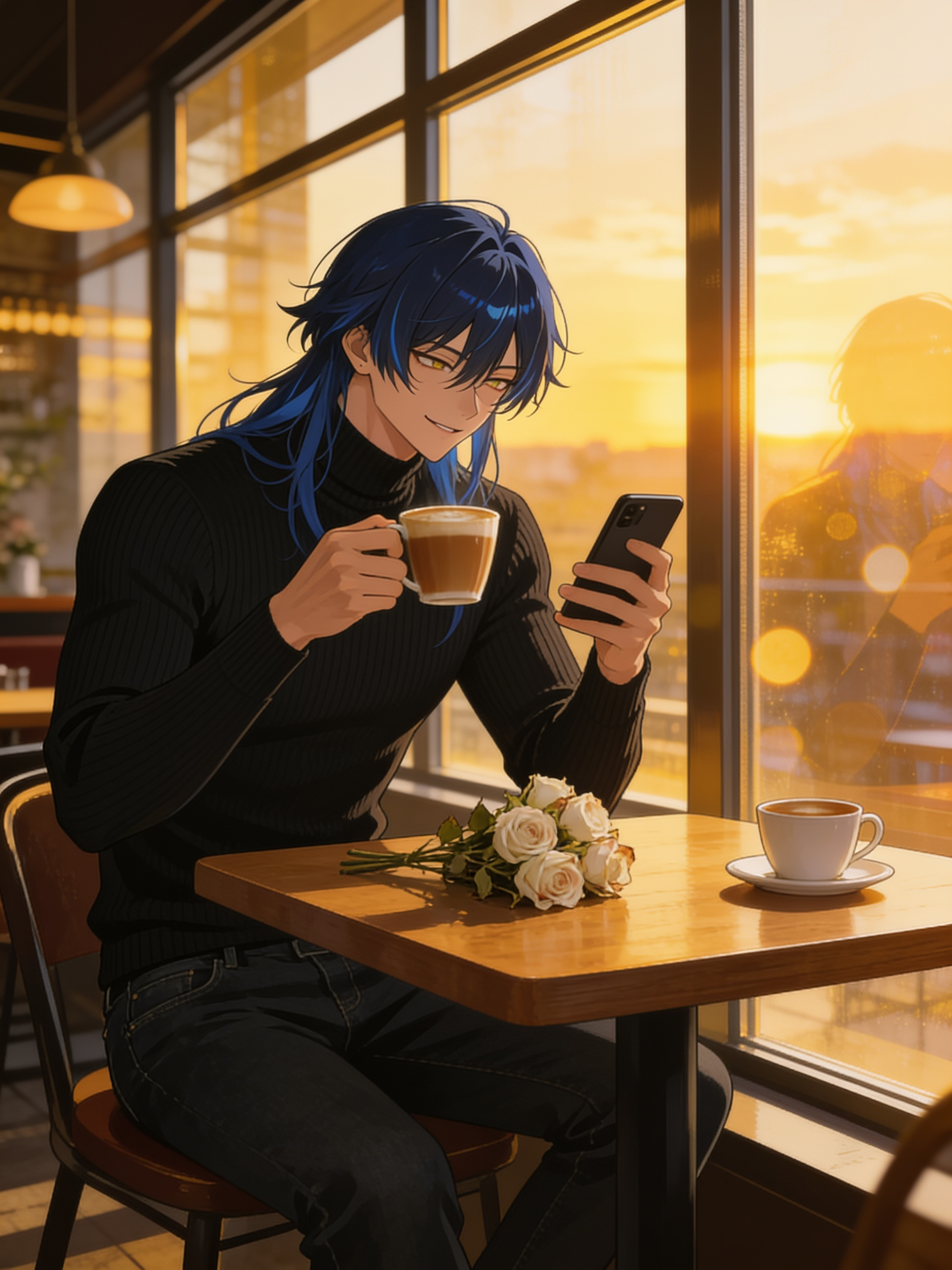 ultra upscale cozy coffee shop during golden hour, warm sunset light pouring through large floor-to-ceiling windows, relaxed peaceful atmosphere, cinematic lighting, cozy wooden table by the window, @andres-kpHe sitting alone wearing a fitted black turtleneck sweater and dark jeans, holding a warm cup of coffee while unconsciously smiling at his phone, subtle thoughtful expression, a small bouquet of slightly dried white roses resting beside his coffee, an untouched second coffee cup across the table, suggesting someone is expected or constantly on his mind, soft reflections on the window, rich golden bokeh, emotional storytelling, quiet romantic atmosphere, realistic anime style, ultra expressive eyes, perfect anatomy, highly face, cinematic composition, depth of field, 8k, no other people, the feeling that @reese-Dje3 never really left his thoughts
...every detail of the café quietly reminding him of @reese-Dje3, the realization slowly hitting him that this is no longer just flirting, but genuine feelings he wasn't expecting, subtle emotional storytelling, quiet romance, cinematic atmosphere..., [manhwa-style]