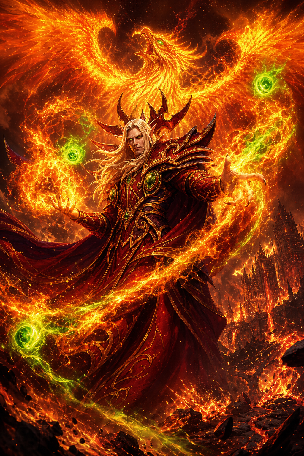 Using the reference images as the exact appearance of Kael'thas Sunstrider. Preserve his iconic Warcraft facial features, long flowing golden hair, glowing emerald fel eyes, proud high elf expression, elegant masculine face, legendary crimson and gold Blood Elf royal armor with intricate Sunstrider engravings, massive ornate shoulder armor, emerald gemstones, and flowing crimson cape. Create the ultimate official Blizzard Entertainment key art. Kael'thas dominates almost the entire composition, viewed from a dramatic low-angle heroic perspective, filling approximately seventy percent of the frame. His presence is overwhelming, standing as the supreme master of fire. Behind him rises an enormous divine Phoenix made entirely of blazing living fire, its colossal wings covering the entire sky and surrounding Kael'thas like a god of flames. Both hands unleash gigantic spiraling torrents of molten fire mixed with emerald arcane energy, creating massive infernos that wrap around his body in elegant circular motion. Three brilliant emerald arcane fire orbs orbit around him, leaving luminous magical trails. The background is an apocalyptic volcanic kingdom with collapsing Blood Elf architecture, burning towers, rivers of lava, exploding volcanoes, floating obsidian fragments, molten cracks, infernal storms, magical explosions, glowing embers, smoke illuminated by fire, volcanic ash, heat distortion, sparks and endless swirling flames. Every part of the artwork is filled with movement, magical energy and cinematic atmosphere. Ultra intricate armor details, realistic metal reflections, spectacular lighting, dramatic shadows, volumetric light, HDR, global illumination, ray-traced fantasy lighting, breathtaking fantasy realism, official World of Warcraft expansion cover, Blizzard Entertainment promotional artwork, Warcraft III Reforged cinematic illustration, award-winning digital painting, legendary fantasy epic key art, visually unforgettable, insanely 8K, absolute .