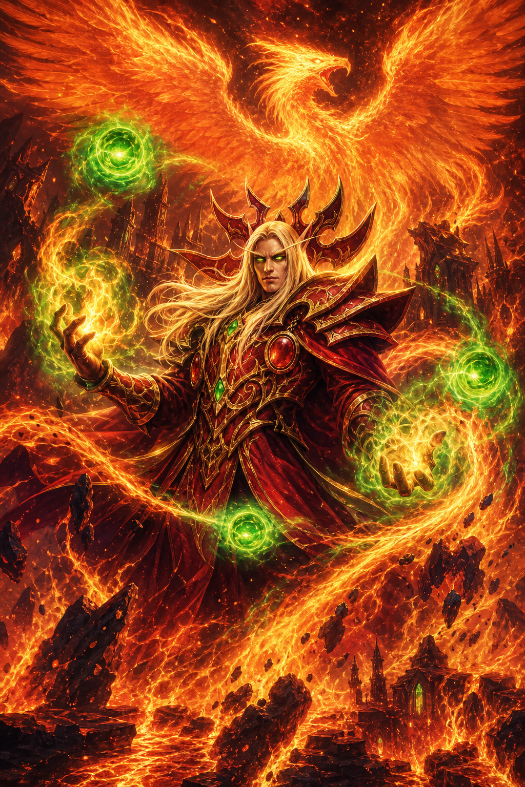 Using the reference images as the exact appearance of Kael'thas Sunstrider. Preserve his iconic Warcraft facial features, long flowing golden hair, glowing emerald fel eyes, proud high elf expression, elegant masculine face, legendary crimson and gold Blood Elf royal armor with intricate Sunstrider engravings, massive ornate shoulder armor, emerald gemstones, and flowing crimson cape. Create the ultimate official Blizzard Entertainment key art. Kael'thas dominates almost the entire composition, viewed from a dramatic low-angle heroic perspective, filling approximately seventy percent of the frame. His presence is overwhelming, standing as the supreme master of fire. Behind him rises an enormous divine Phoenix made entirely of blazing living fire, its colossal wings covering the entire sky and surrounding Kael'thas like a god of flames. Both hands unleash gigantic spiraling torrents of molten fire mixed with emerald arcane energy, creating massive infernos that wrap around his body in elegant circular motion. Three brilliant emerald arcane fire orbs orbit around him, leaving luminous magical trails. The background is an apocalyptic volcanic kingdom with collapsing Blood Elf architecture, burning towers, rivers of lava, exploding volcanoes, floating obsidian fragments, molten cracks, infernal storms, magical explosions, glowing embers, smoke illuminated by fire, volcanic ash, heat distortion, sparks and endless swirling flames. Every part of the artwork is filled with movement, magical energy and cinematic atmosphere. Ultra intricate armor details, realistic metal reflections, spectacular lighting, dramatic shadows, volumetric light, HDR, global illumination, ray-traced fantasy lighting, breathtaking fantasy realism, official World of Warcraft expansion cover, Blizzard Entertainment promotional artwork, Warcraft III Reforged cinematic illustration, award-winning digital painting, legendary fantasy epic key art, visually unforgettable, insanely 8K, absolute .