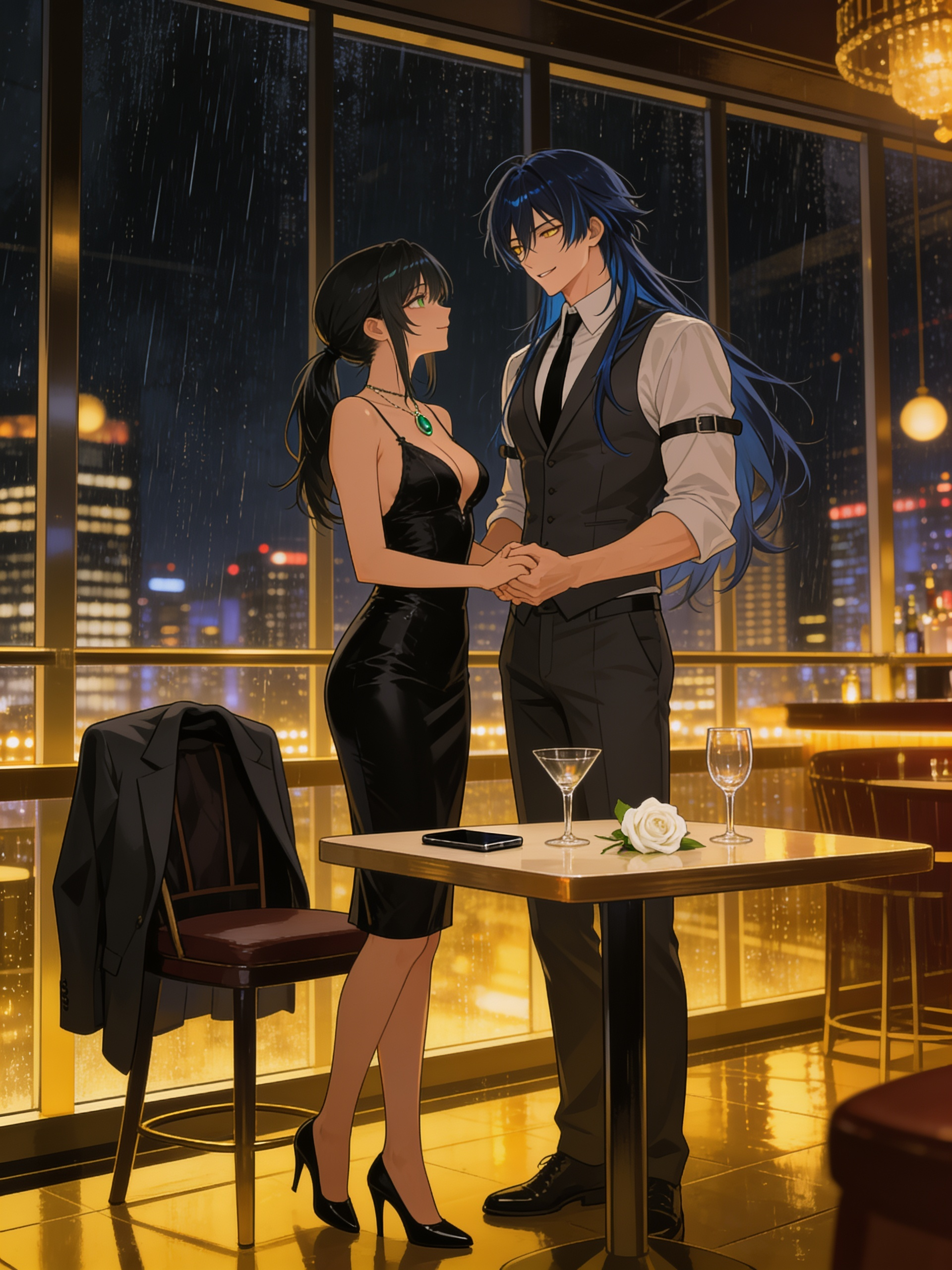 @reese-Dje3 @andres-kpHe, ultra full body, upscale cocktail bar at night, warm golden lighting, rain outside tall windows, Reese wearing a fitted black evening dress, black heels, emerald pendant necklace, black ponytail, emerald green eyes, standing beside the same small table, her phone resting beside the single white rose, Andres standing beside her, direct eye contact, elegant relaxed posture, romantic atmosphere, glossy reflections, expressive face, expressive eyes, cinematic nightlife mood. Continue the exact same scene only a few moments later. Both remain wearing the exact same outfits as the previous scene. The evening has quietly come to an end. Their cocktail glasses now sit empty on the table beside the single white rose. Andres' charcoal suit jacket remains folded over the back of his chair while his waistcoat and slim black tie are still perfectly in place. Neither of them seems eager to leave. Still holding hands, they slowly stand together beside the table without letting go. Reese looks up at Andres with a soft, peaceful smile that carries none of the teasing distance from earlier that evening. Andres smiles back with quiet relief, realizing that simply being beside her is enough. For a long moment, neither of them speaks. They remain standing face to face, hands gently intertwined, sharing comfortable silence while the rain continues falling beyond the tall panoramic windows. The city lights shimmer softly through the glass, wrapping them in warm golden reflections that make the elegant cocktail lounge feel completely timeless. The white rose remains on the table behind them, quietly marking where everything began only a short while ago. Neither reaches for it. Tonight wasn't about grand gestures. It was about finally finding each other. Emotional slow burn romance, elegant cinematic composition, beautiful facial expressions, expressive eyes, hands, natural body language, luxury cocktail lounge, cozy sophisticated atmosphere, lighting, highly fabrics, glossy highlights, romantic movie scene, anime illustration, premium quality, 8k, [manhwa-style]
