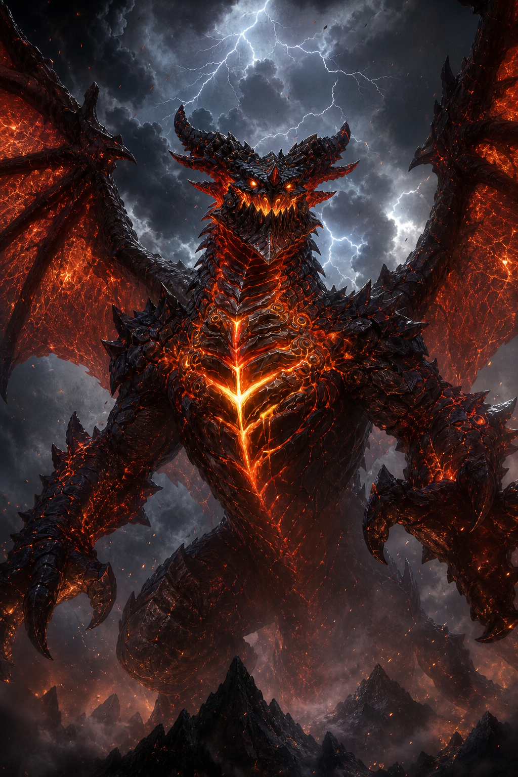 Use all uploaded images as identity references for Deathwing. Preserve Blizzard's official Deathwing design exactly. Deathwing flying high above Azeroth. Gigantic wings fully extended. Massive Elementium plates across his chest. Glowing molten lava beneath cracked obsidian armor. Storm clouds surrounding him. Lightning illuminating his body. Volcanic ash filling the sky. The camera is extremely low, looking upward. Deathwing dominates nearly the entire frame. His wings extend beyond the image borders. Small mountains beneath him emphasize his colossal size. Blizzard Entertainment cinematic quality. Epic fantasy realism. Ultra . . 8K. No text. No watermark.