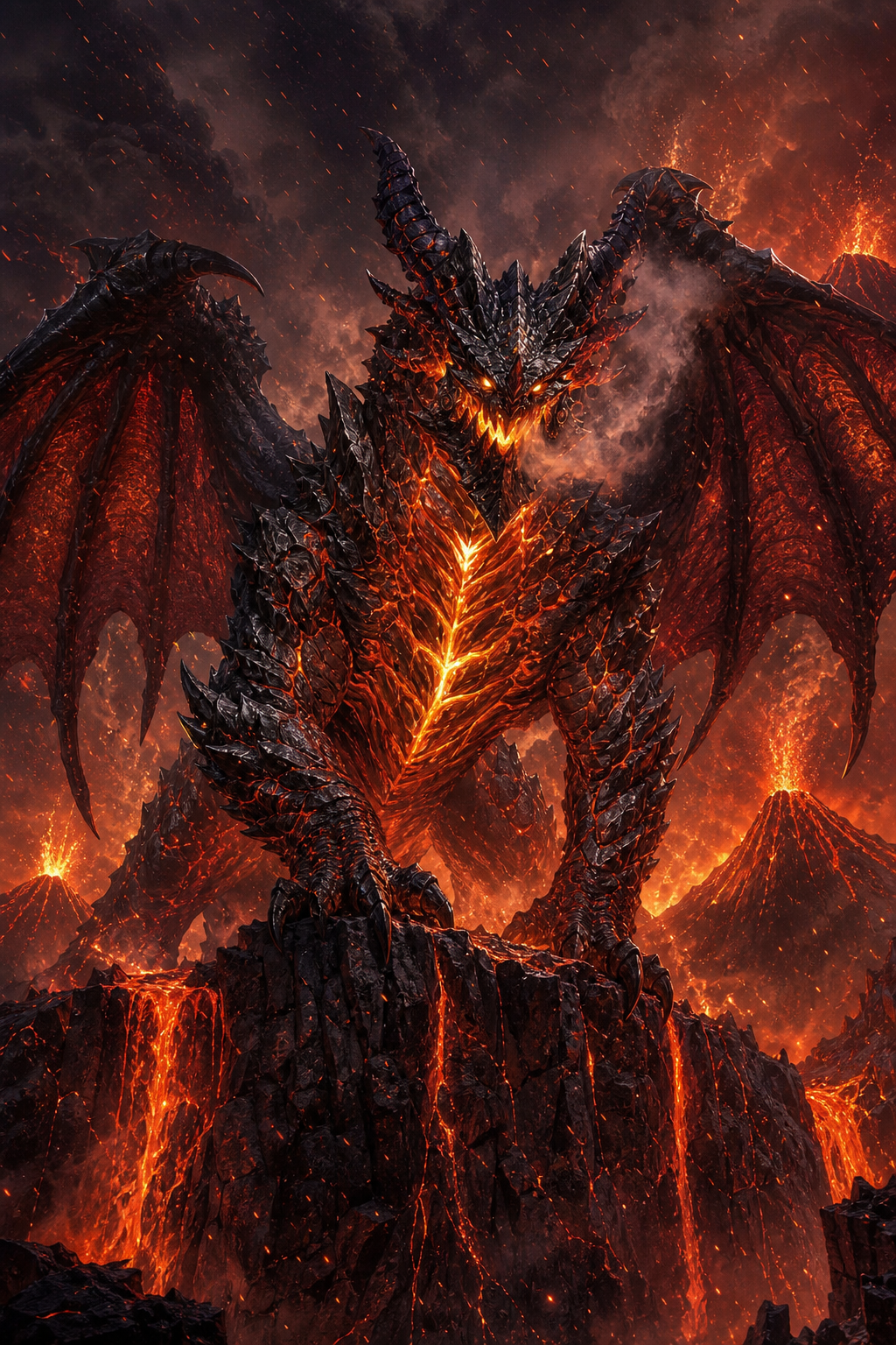 Use all uploaded reference images. Faithful Blizzard Deathwing. Standing on the edge of a gigantic volcanic cliff. Wings partially open. Chest glowing intensely. Head lowered toward the viewer. Smoke escaping from his mouth. Molten lava flowing beneath his feet. Volcanoes erupting behind him. Heavy ash storm. Cinematic low angle. Blizzard concept art quality. Ultra . . Epic fantasy realism. 8K.