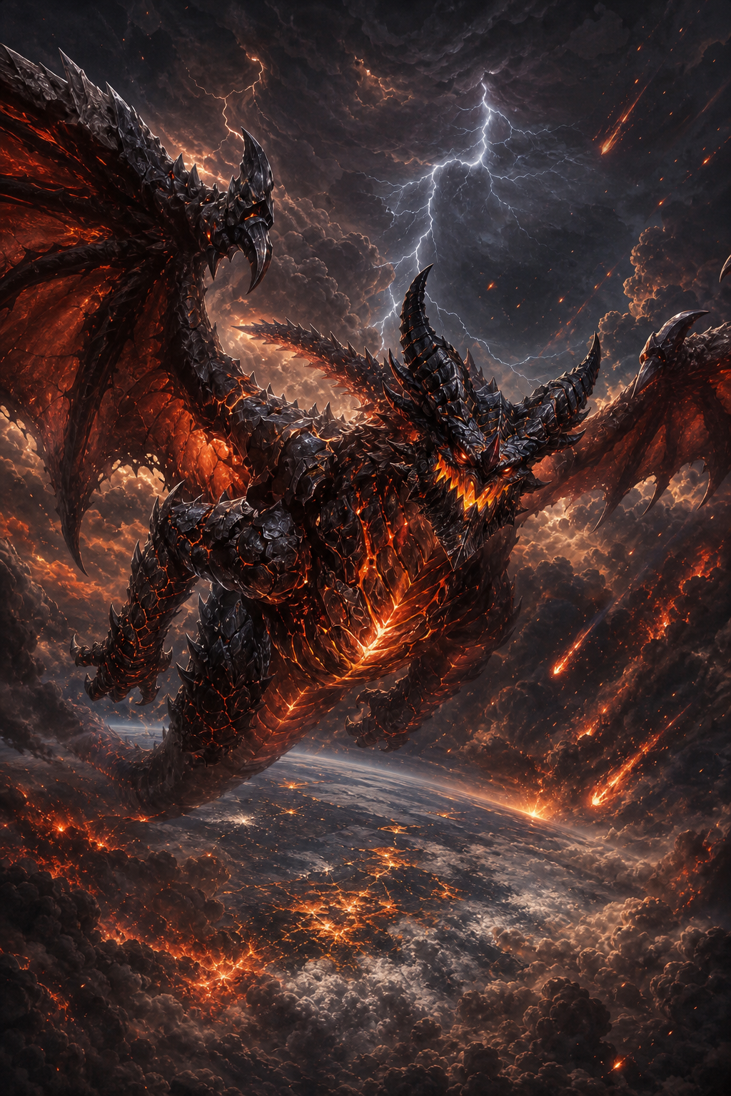 Use all uploaded reference images. Official Blizzard Deathwing. Flying through enormous thunder clouds. Gigantic wings cutting through the storm. Lightning striking his Elementium armor. Meteor showers. Volcanic smoke. The world below appears tiny. No city. No combat. Only Deathwing crossing the sky like an unstoppable natural disaster. . Ultra . Epic cinematic. Blizzard quality.