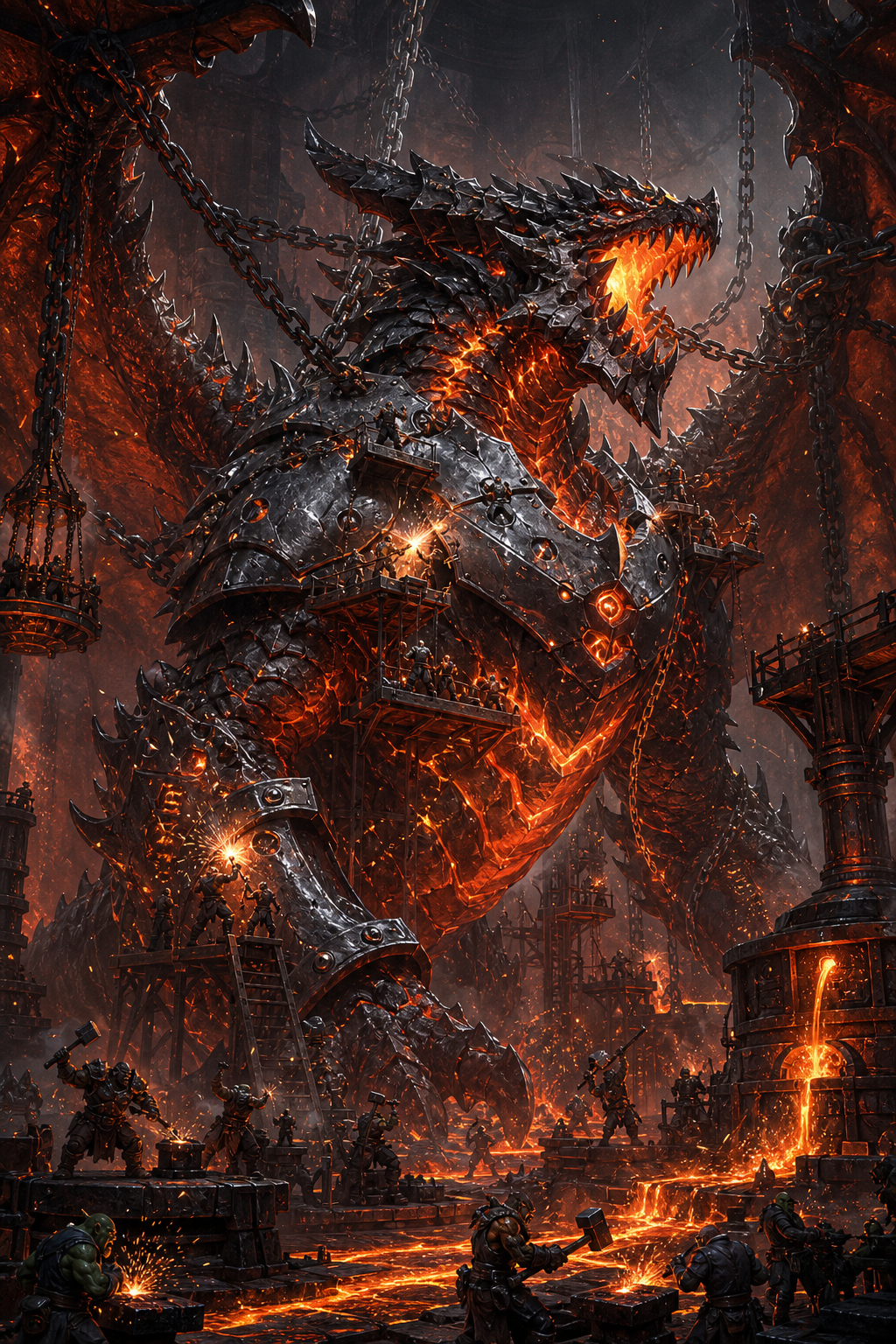 Use all uploaded reference images. Faithfully preserve Blizzard's official Deathwing. Inside the Twilight Highlands. Several Twilight's Hammer cultists and goblin blacksmiths are attaching enormous glowing Elementium armor plates to Deathwing's shattered body. Gigantic chains hold Deathwing in place. Molten lava bursts from the cracks in his body. Massive bolts and rivets are being hammered into the Elementium plates. Bright sparks fly everywhere. Huge forges. Molten metal pours across the floor. Deathwing roars in pain and fury. Epic industrial fantasy atmosphere. Blizzard cinematic quality. Ultra . . 8K.