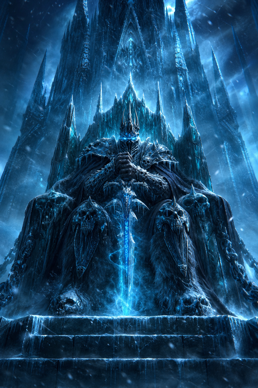 The Lich King Arthas Menethil sitting upon the Frozen Throne at Icecrown Citadel, exact World of Warcraft Wrath of the Lich King appearance, iconic Helm of Domination, glowing icy blue eyes, Frostmourne resting between both hands, enormous frozen throne, towering walls of black ice, frozen cathedral architecture, snowstorm, icy mist, blue magical aura, dramatic cinematic lighting, towering scale, low angle shot, symmetrical composition, ultra armor with skull pauldrons, flowing black cape, epic Blizzard artwork, dark fantasy volumetric lighting, hyper realistic, 8k