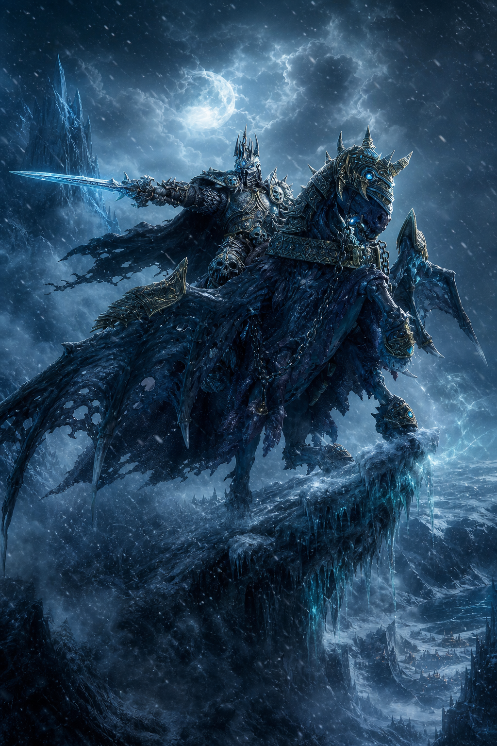 The Lich King Arthas Menethil riding Invincible through the skies above Icecrown, exact Wrath of the Lich King design, undead skeletal frost wyrm-like horse with torn wings, icy blizzard surrounding them, moonlight reflecting across frozen mountains, Frostmourne raised forward, black cape flowing violently, glowing blue eyes, massive snowstorm, cinematic aerial perspective, Blizzard cinematic quality, ultra armor, dark fantasy, hyper realistic, volumetric fog, 8k