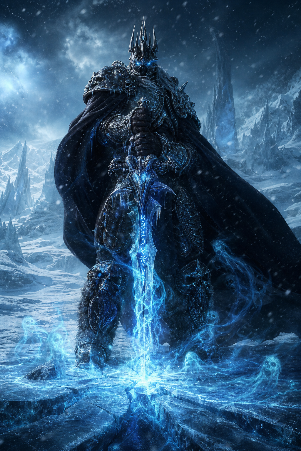 The Lich King Arthas Menethil standing alone in the frozen wastes of Northrend, exact World of Warcraft Wrath of the Lich King appearance, holding Frostmourne planted into the ice, glowing blue runes illuminating the snow, frozen ground cracking with necromantic energy, ghostly souls swirling around the blade, intense blue aura, black cape blowing in the wind, cinematic close-up, Blizzard concept art quality, hyper realistic, volumetric lighting, 8k