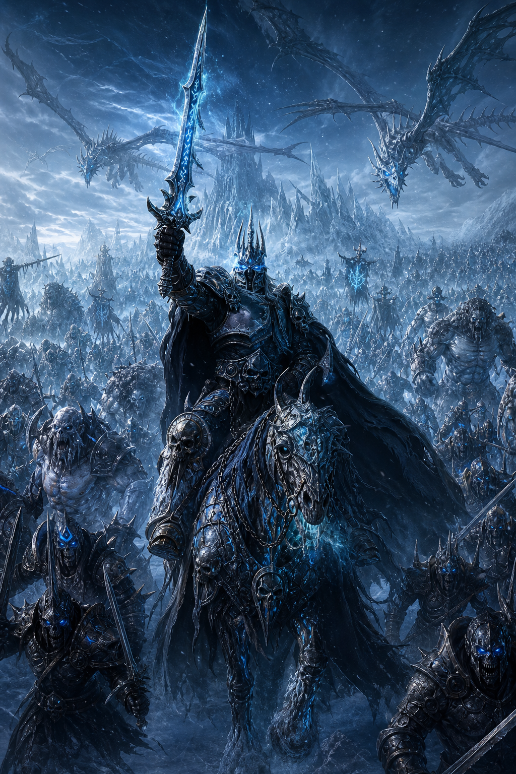 The Lich King Arthas Menethil leading the Scourge army across Icecrown Glacier, exact Wrath of the Lich King appearance, Frostmourne held high, thousands of undead soldiers marching behind him, abominations, death knights, ghouls, skeletal warriors, frost dragons flying overhead, endless frozen battlefield, blizzard, blue necromantic energy, enormous cinematic scale, dramatic perspective, Blizzard artwork quality, ultra hyper realistic, 8k