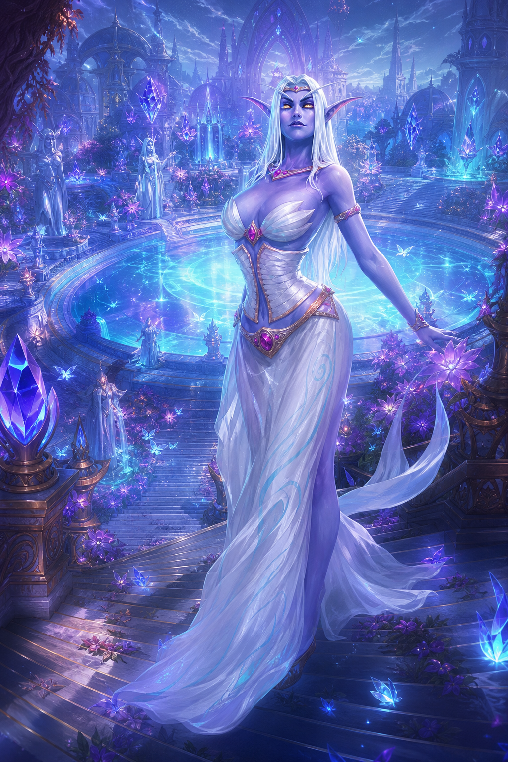 Use the provided reference images as the exact appearance reference for Queen Azshara. Do not redesign her. Preserve every iconic Blizzard detail. Queen Azshara stands before the legendary Well of Eternity at the height of the Highborne Empire. The immense magical lake glows with overwhelming blue, turquoise and violet arcane energy, illuminating her white royal gown and jeweled crown. Massive marble staircases descend toward the Well. Floating arcane crystals, ancient Highborne temples, elegant statues, magical trees, enchanted butterflies, glowing flowers and luxurious palace architecture surround her. She gazes proudly over the Well as if she owns the world. Cinematic fantasy artwork, ultra magical atmosphere, realistic anime style inspired by official World of Warcraft artwork, volumetric lighting, breathtaking composition.