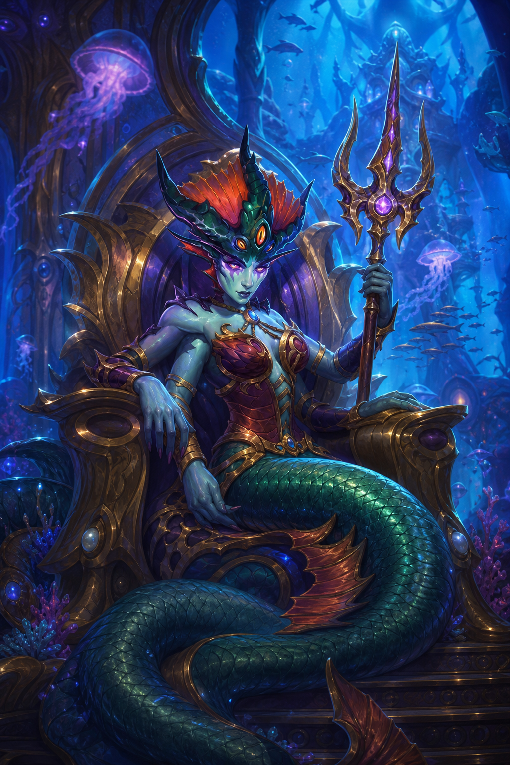 Use the provided reference images as the exact facial and armor reference for Queen Azshara. Preserve her official Blizzard appearance while portraying her naga form. Queen Azshara sits upon the magnificent golden throne inside the Eternal Palace. Her enormous emerald naga tail coils elegantly around the throne. Luxurious coral architecture, pearl-covered pillars, glowing jellyfish, bioluminescent plants, gigantic palace windows overlooking the abyssal ocean, schools of exotic fish, magical blue light filtering through the water. She smiles with absolute confidence while holding her royal trident. Countless magical particles drift through the palace. Cinematic underwater fantasy, official Blizzard artwork style, highly breathtaking lighting, epic composition.