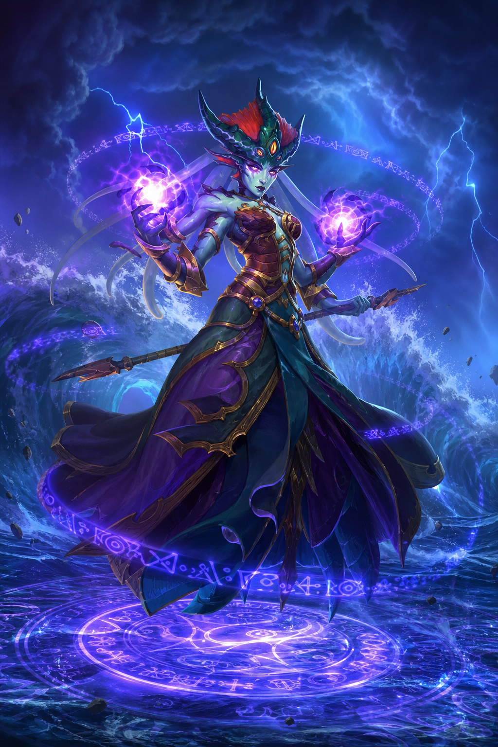 Use the provided reference images as the exact reference for Queen Azshara's appearance. Preserve every official Blizzard design element. Queen Azshara floats gracefully above the ocean while unleashing unimaginable arcane power. Gigantic magical circles form beneath her feet, glowing runes orbit around her body, colossal tidal waves rise behind her, purple and blue arcane energy erupts from both hands, storm clouds gather overhead, lightning illuminates the sea, her royal garments flow majestically in the wind. Dynamic low-angle composition, cinematic fantasy illustration, ultra official World of Warcraft concept art style, epic scale, volumetric lighting, award-winning digital painting.
