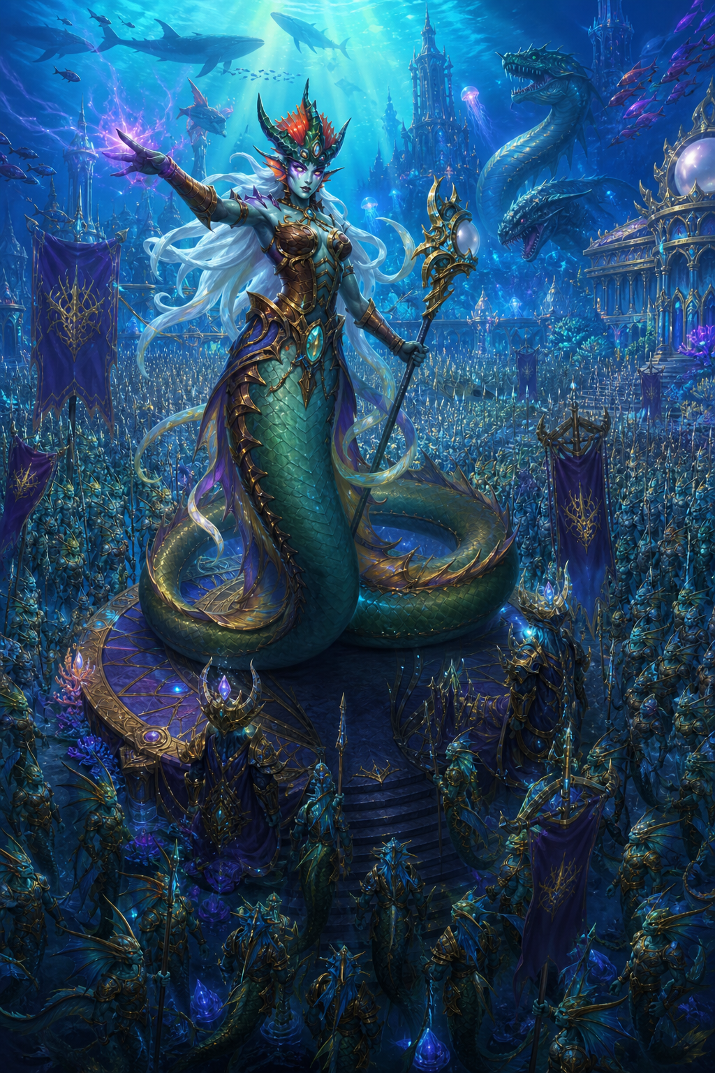 Use the provided reference images as the exact visual reference for Queen Azshara. Preserve her official World of Warcraft naga appearance exactly: elegant naga body with a massive emerald and gold serpentine tail, glowing golden eyes, elaborate coral-and-gold crown, luxurious royal armor, white flowing hair, regal facial features, and unmistakable Blizzard design. Queen Azshara stands atop the highest platform of the Eternal Palace, overlooking an endless ocean filled with an infinite naga army stretching to the horizon. Tens of thousands of naga warriors, Myrmidons, Sea Witches, Tide Priests, Honor Guards, royal guards, giant sea serpents, colossal war beasts, and heavily armored elite naga stand in perfect military formation beneath her command. Massive banners bearing the royal crest of Azshara wave through the underwater currents. The seafloor is covered with ranks upon ranks of soldiers disappearing into the distance. Gigantic coral fortresses, towering pearl-covered pillars, glowing abyssal trenches, bioluminescent reefs, schools of exotic fish, enormous whales and ancient sea monsters reinforce the overwhelming scale of her empire. Queen Azshara raises one elegant hand as if commanding her entire legion with absolute confidence. Divine underwater lighting, powerful blue, emerald and violet magical atmosphere, cinematic wide-angle composition, epic fantasy, ultra official Blizzard concept art style, breathtaking scale, award-winning illustration, highly dramatic perspective, the greatest army beneath the sea.
