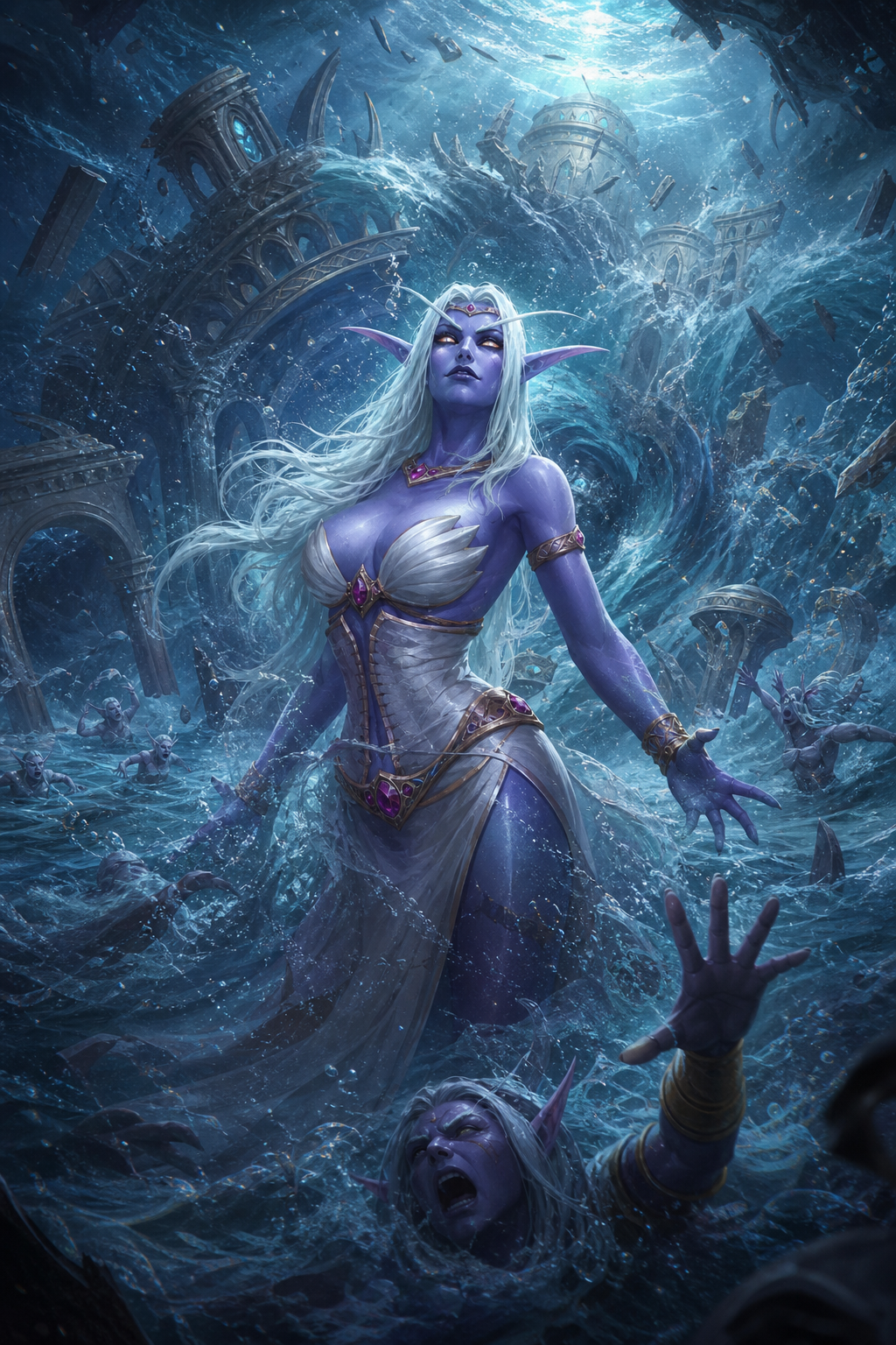 Queen Azshara at the final moments before N'Zoth's intervention, standing at the heart of the collapsing Palace of Zin-Azshari as the entire ancient kaldorei empire sinks beneath the ocean. Massive torrents of seawater burst through shattered palace walls, elegant marble towers crumble into the abyss, gigantic whirlpools consume the city, terrified Highborne elves are swept away by the overwhelming flood, desperately struggling to survive while drowning around their queen. Azshara remains standing with impossible dignity despite the water rising around her, her long white hair floating in the current, glowing amber eyes filled with pride rather than fear, refusing to bow even as she begins to drown. Ancient arcane structures collapse in the background, broken bridges, shattered spires, magical energy tearing apart reality, swirling debris, dramatic underwater lighting, bubbles, chaos, cinematic composition, epic fantasy disaster, highly Blizzard Entertainment style, World of Warcraft official concept art, ultra volumetric lighting, dynamic water simulation. Use the uploaded reference images for Queen Azshara's official appearance, outfit, facial features, jewelry, crown, skin tone, glowing eyes, and regal proportions. Depict the exact moment before N'Zoth transforms her into a naga—she is still fully Highborne, not yet transformed.