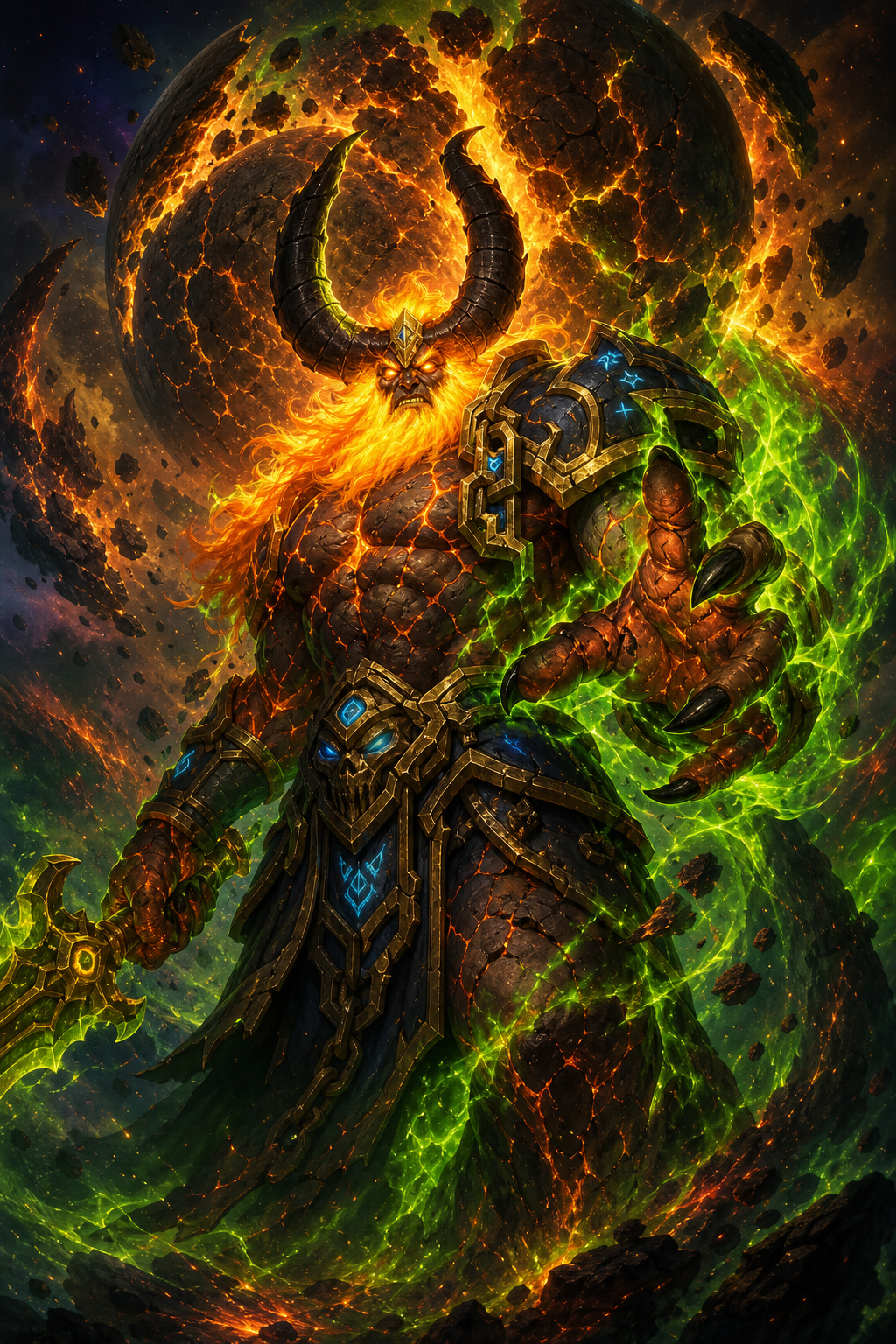 Use the provided reference image of noble Sargeras as the exact visual reference. Preserve his facial features, long black hair, muscular titan physique, blue and gold titan armor, glowing blue runes and overall Warcraft appearance before his corruption. This is the same character before becoming the Dark Titan.
The transformation of Sargeras into the Dark Titan. His noble titan armor begins to darken and crack apart as molten lava glows beneath his skin. Massive black horns emerge from his head, his eyes ignite with blazing fire, his long hair transforms into living flames, green fel energy and volcanic fire spiral around him. Behind him an entire planet shatters into pieces as he unleashes his first act of destruction. The scene symbolizes the moment he abandons hope forever. Epic cinematic lighting, ultra fantasy illustration, Warcraft-inspired concept art.