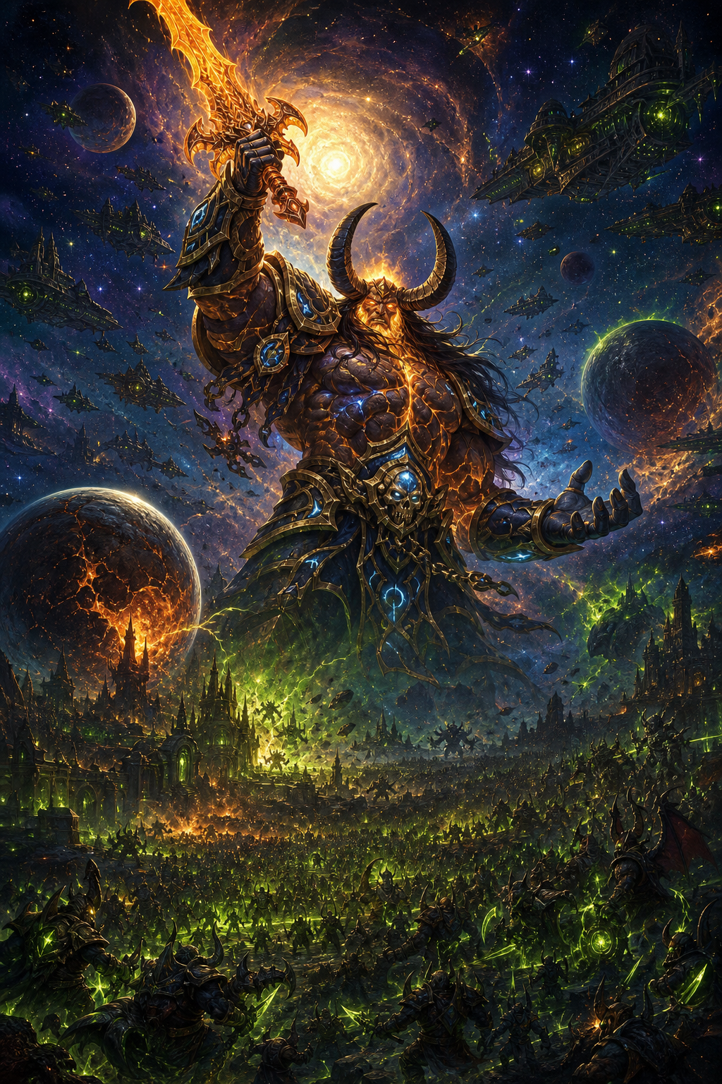 Use the provided reference image of noble Sargeras as the exact visual reference. Preserve his facial features, long black hair, muscular titan physique, blue and gold titan armor, glowing blue runes and overall Warcraft appearance before his corruption. This is the same character before becoming the Dark Titan.
The Dark Titan Sargeras leading the Burning Legion across the cosmos. His colossal body dwarfs entire planets while he raises his gigantic flaming sword toward distant worlds. Thousands of Legion warships, infernals, demons and fel storms spread across the galaxy. Entire civilizations burn beneath emerald fel fire while shattered planets drift through space. The universe itself seems consumed by endless war. Monumental scale, cosmic apocalypse, ultra fantasy illustration, cinematic lighting, Warcraft-inspired concept art, breathtaking composition.