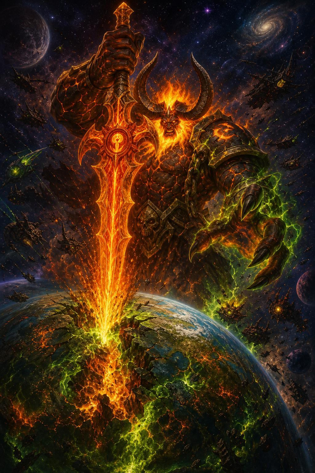 Use the provided reference image of noble Sargeras as the exact visual reference. Preserve his facial features, long black hair, muscular titan physique, blue and gold titan armor, glowing blue runes and overall Warcraft appearance before his corruption. This is the same character before becoming the Dark Titan.
Use the provided corrupted Sargeras reference images as the exact visual reference. Preserve his face, enormous curved horns, blazing beard and hair, molten lava skin, black armor with glowing fel cracks, colossal flaming sword and overall Warcraft appearance. An unimaginably colossal Sargeras floating in deep space, larger than entire worlds. He raises the legendary sword Gorribal before driving it downward into Azeroth. The enormous blade pierces the planet in an apocalyptic moment, splitting mountains and continents as brilliant fel-green and molten orange energy erupts from the wound. Azeroth glows with titan world-soul energy beneath the cracked crust while stars, galaxies and shattered worlds surround the scene. The Burning Legion fleet fills the background, creating an overwhelming sense of scale. Cosmic apocalypse, godlike presence, breathtaking cinematic composition, ultra fantasy illustration, dramatic lighting, Warcraft-inspired concept art.