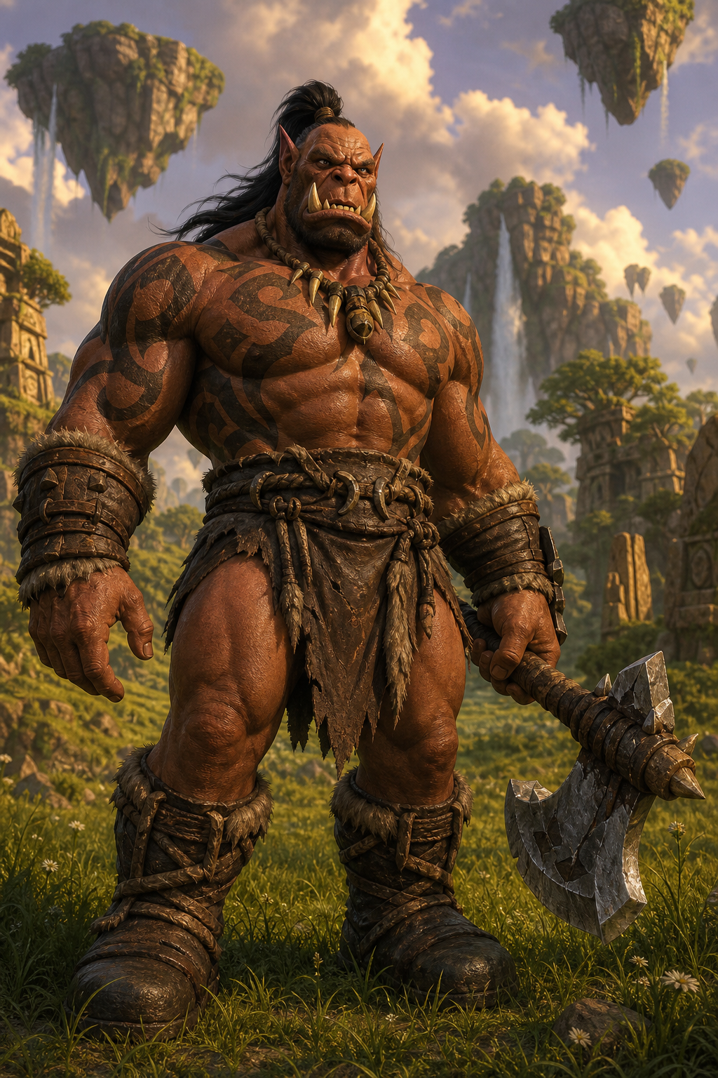 Use the uploaded reference images as the absolute visual reference for Garrosh Hellscream. Preserve his exact facial structure, tusks, tattoos, musculature, proportions, hairstyle, armor design (when applicable), Gorehowl, and overall Blizzard Warcraft appearance. Never redesign or reinterpret Garrosh into a generic fantasy orc. Always remain faithful to the uploaded reference images and official Blizzard artwork. Young Garrosh Hellscream before becoming Warchief of the Horde. Massive muscular orc with orange-brown skin, black Hellscream tribal tattoos covering his chest and arms, long black hair tied back, powerful athletic physique, fierce amber eyes, large lower tusks, simple leather loincloth and primitive leather warrior gear, standing proudly in the green plains of Nagrand surrounded by floating mountains, waterfalls and ancient stone formations. Proud but still searching for his destiny. Epic cinematic fantasy illustration, highly .