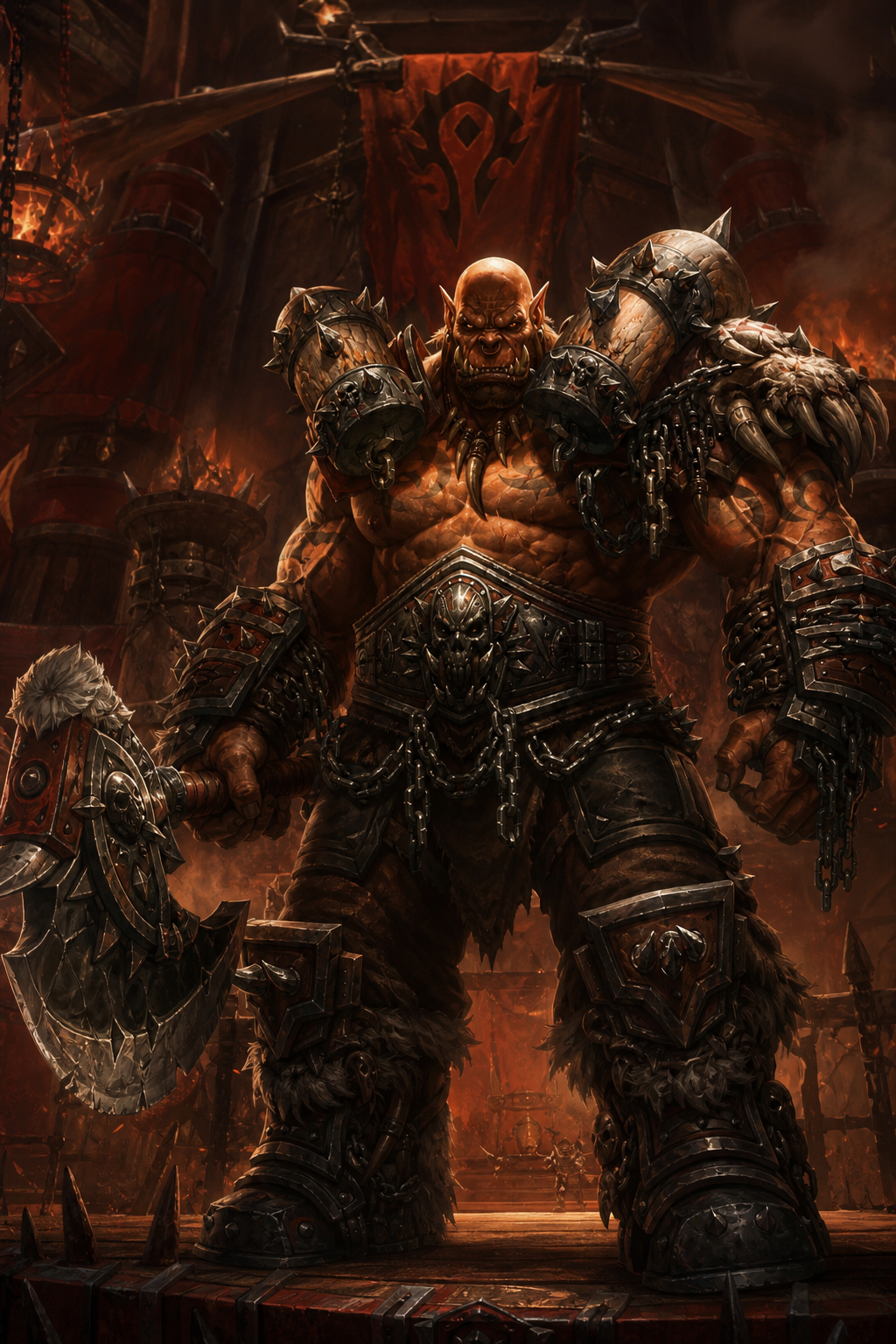 Use the uploaded reference images as the absolute visual reference for Garrosh Hellscream. Preserve his exact facial structure, tusks, tattoos, musculature, proportions, hairstyle, armor design, Gorehowl and overall Blizzard Warcraft appearance. Never redesign or reinterpret Garrosh into a generic fantasy orc. Garrosh Hellscream as Warchief of the Horde. Massive muscular orc wearing his iconic black iron armor with enormous spiked shoulder plates decorated with wolf skulls, chains, heavy Horde belt and brutal metal armor exactly like the official Blizzard artwork. Holding Gorehowl with absolute confidence while standing inside Grommash Hold in Orgrimmar. Proud, fearless and dominant leader. Epic cinematic Warcraft artwork, .