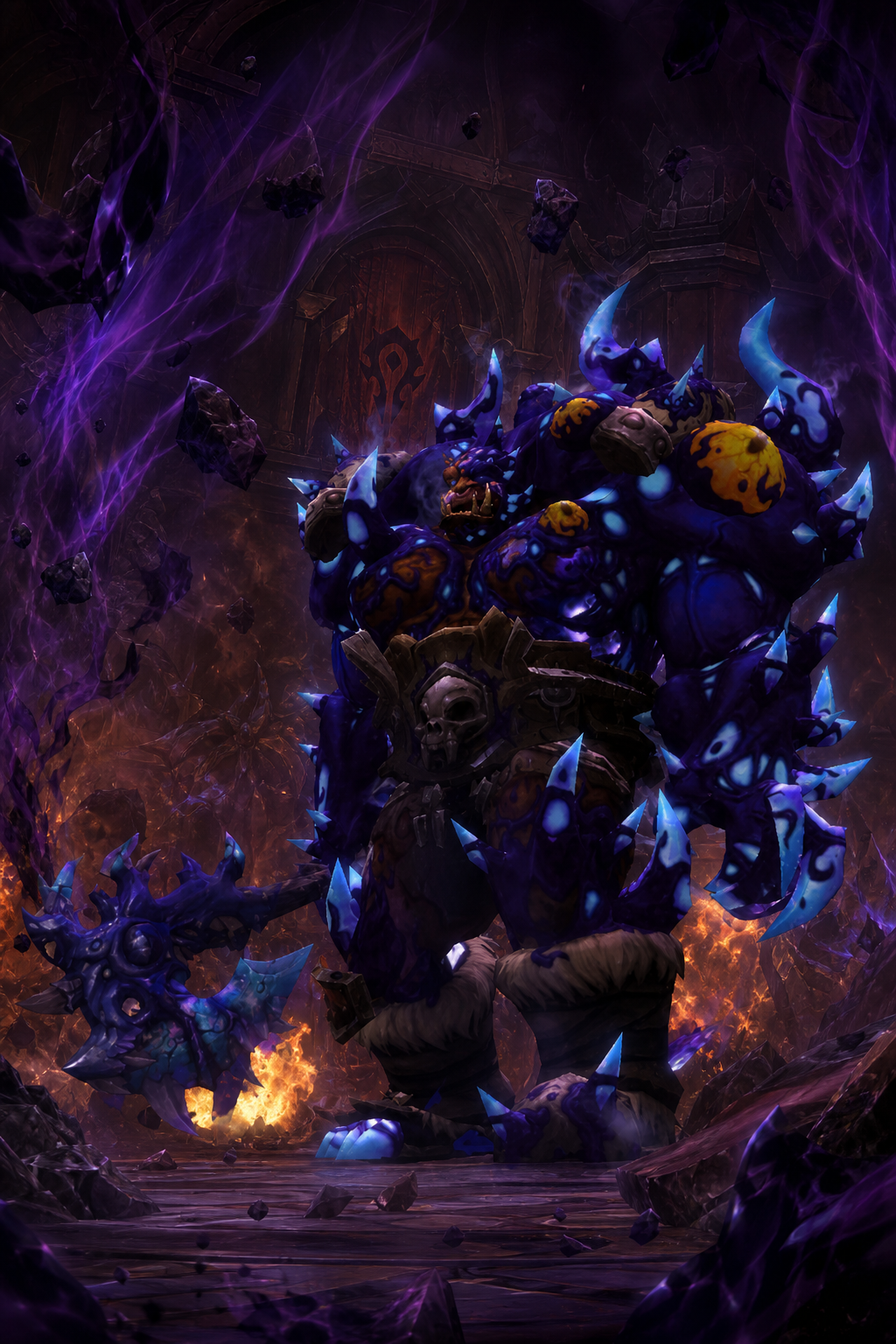 Use the uploaded reference images as the absolute visual reference for Garrosh Hellscream. Preserve every visual detail exactly as shown in the uploaded references. Garrosh Hellscream during the final battle of the Siege of Orgrimmar. His body empowered by the Heart of Y'Shaarj, wielding Gorehowl while standing inside the shattered throne room. Purple corruption spreads throughout the chamber, broken Horde architecture, explosions, smoke and Old God energy surrounding him. Epic Blizzard cinematic artwork, .