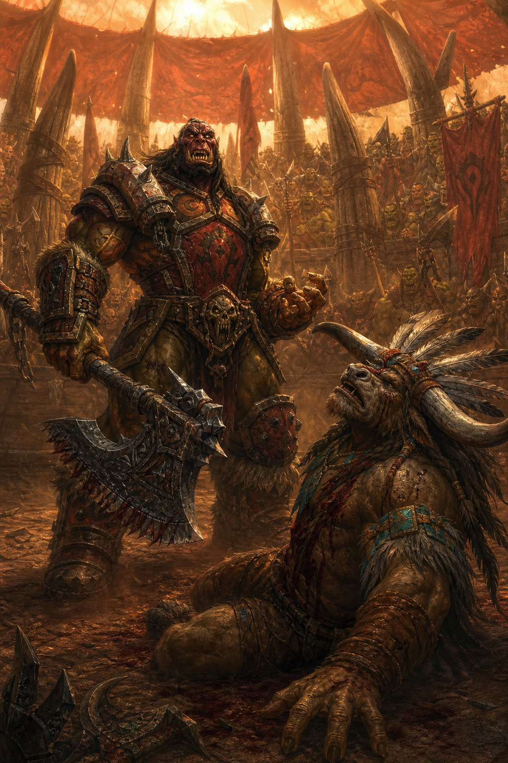 Use the uploaded reference images as the absolute visual reference for Garrosh Hellscream. Preserve his exact facial structure, tusks, tattoos, musculature, proportions, hairstyle, armor design, Gorehowl and overall Blizzard Warcraft appearance. Never redesign or reinterpret Garrosh into a generic fantasy orc. Garrosh Hellscream during the Mak'gora against Cairne Bloodhoof inside the ceremonial arena of Orgrimmar. Garrosh wears his iconic Warchief armor exactly as shown in the reference images, wielding Gorehowl during the decisive strike. Cairne Bloodhoof, mortally wounded, begins to collapse while Garrosh stands victorious, shocked by the unexpected outcome. Horde warriors surround the arena beneath towering red Horde banners. Epic cinematic composition, dramatic lighting, dust, tension, faithful Blizzard Entertainment Warcraft artwork, .
