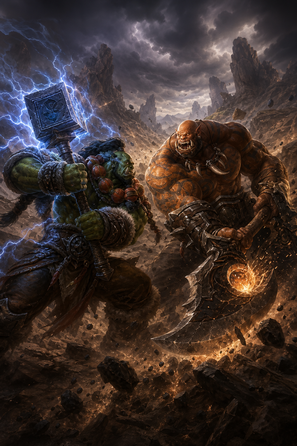 Use the uploaded reference images as the absolute visual reference for Garrosh Hellscream and Thrall. Preserve Garrosh exactly as shown in the uploaded Garrosh references, including his facial structure, tusks, tattoos, musculature, proportions, armor design, Gorehowl, hairstyle and overall Blizzard Warcraft appearance. Preserve Thrall exactly as shown in the uploaded Thrall reference, including his facial features, green skin, braided black hair, beard, Doomhammer, armor and overall Blizzard Warcraft appearance. Never redesign or reinterpret either character. Always remain faithful to the uploaded reference images and official Blizzard artwork. Garrosh Hellscream and Thrall engaged in their legendary Mak'gora in Nagrand. Garrosh swings Gorehowl with overwhelming strength while Thrall counters with Doomhammer empowered by crackling lightning. Dust, shattered rocks and violent wind explode around them. Massive cliffs and the plains of Nagrand surround the battlefield beneath dark storm clouds. Both warriors are equally prominent in the composition, facing each other in an epic clash. Dynamic action pose, cinematic composition, dramatic lighting, Blizzard Entertainment official Warcraft key art style, ultra .