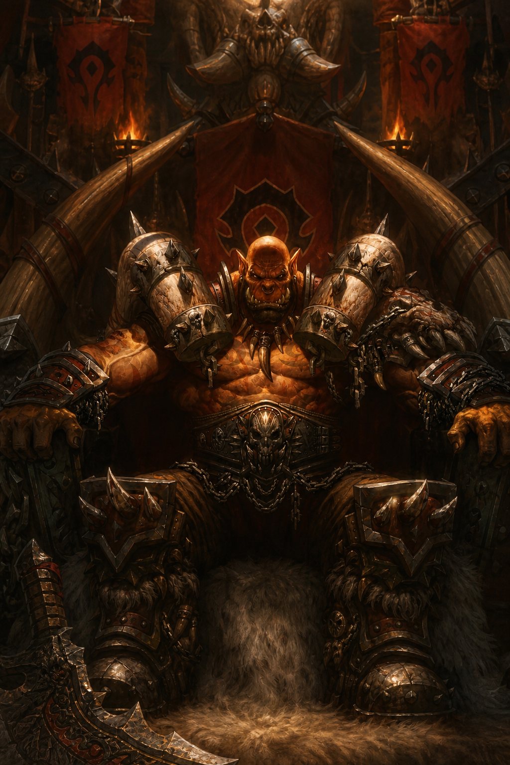 Use the uploaded reference images as the absolute visual reference for Garrosh Hellscream. Preserve his exact facial structure, tusks, tattoos, musculature, proportions, hairstyle, armor design, Gorehowl and overall Blizzard Warcraft appearance. Never redesign or reinterpret Garrosh into a generic fantasy orc. Garrosh Hellscream seated upon the Warchief's throne inside Grommash Hold in Orgrimmar. Medium close-up from the knees up, with Garrosh filling nearly the entire frame. The camera is positioned slightly below eye level to emphasize his dominance and authority. He sits leaning slightly forward with both hands gripping the throne's armrests, staring directly at the viewer with an intimidating expression. His massive spiked shoulder armor, wolf-skull decorations, heavy chains and muscular upper body dominate the composition. The gigantic Horde banners, enormous wolf skull behind the throne, burning braziers and iron architecture remain visible in the background but are secondary to Garrosh. Gorehowl rests beside the throne, partially visible in the foreground. Dark cinematic lighting, dramatic shadows, warm orange firelight, epic atmosphere, Blizzard Entertainment official Warcraft key art, ultra .