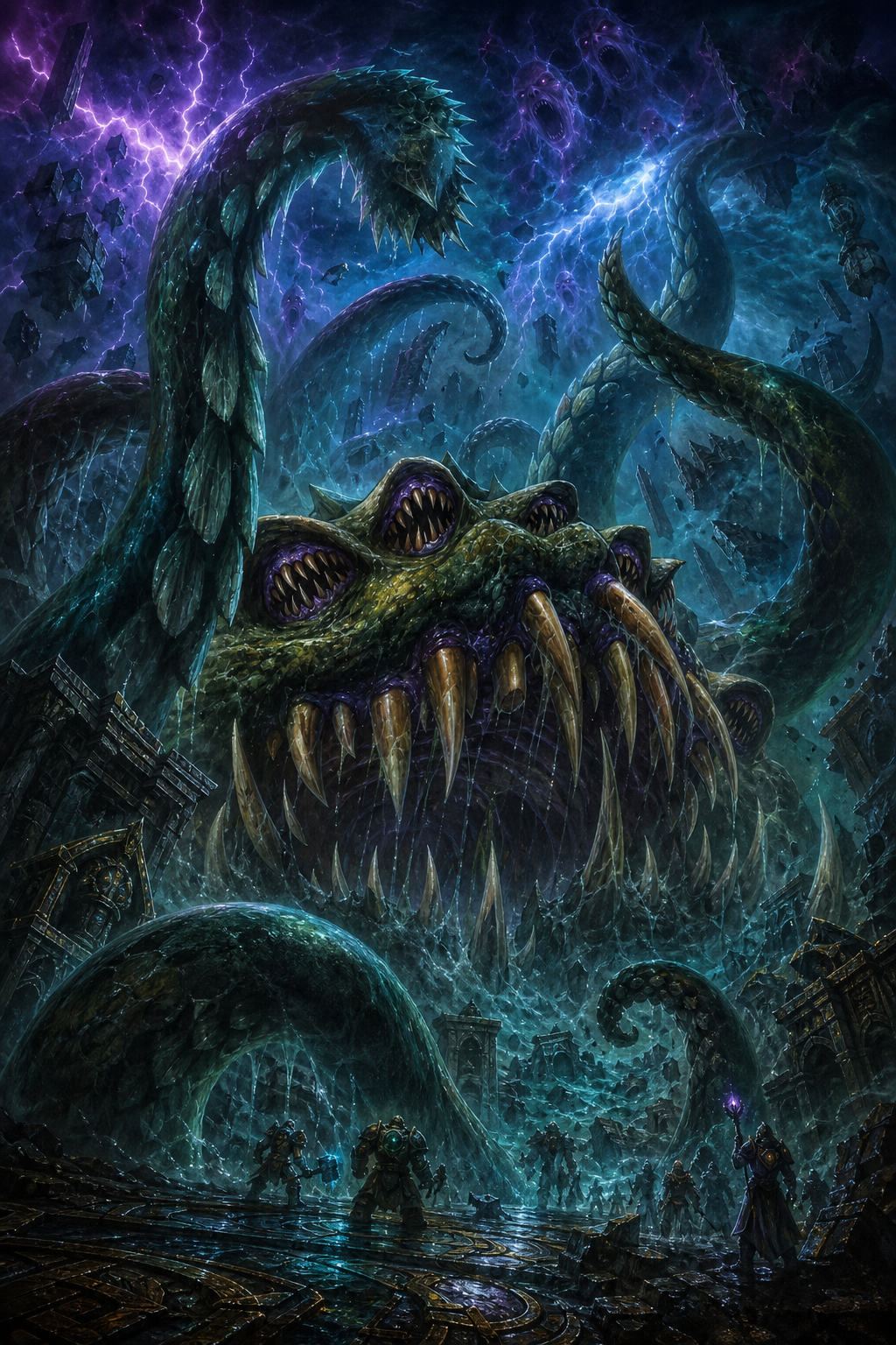 Use the uploaded reference image as the absolute visual reference for Yogg-Saron. Preserve his exact facial structure, multiple mouths, teeth, tentacles, organic body, colors, proportions, textures and overall Blizzard Warcraft appearance. Never redesign or reinterpret Yogg-Saron into a generic Lovecraft monster or random tentacle creature. Remain completely faithful to the uploaded reference image and official Blizzard Entertainment artwork. Yogg-Saron, the Beast with a Thousand Maws, erupts from the Prison of Ulduar. His unfathomable body stretches far beyond the horizon, with only a fraction of his true form visible above the shattered prison. Hundreds of enormous tentacles emerge from every direction, crushing Titan architecture and twisting the landscape into impossible shapes. His countless mouths open simultaneously, revealing endless rows of enormous jagged teeth while rivers of black ichor drip into the ruins below. Every mouth whispers ancient madness capable of breaking the minds of mortals. Reality itself fractures around him. The sky is consumed by dark cosmic storms. Purple Void lightning tears across the heavens while impossible floating ruins collapse into an endless abyss. Countless ghostly faces, distorted silhouettes and horrifying illusions emerge within the surrounding darkness, barely visible. Tiny Titan Keepers and mortal champions stand below, emphasizing Yogg-Saron's impossible scale. The camera looks upward from ground level, making Yogg-Saron appear unimaginably massive. Ultra-realistic organic flesh, wet chitin, grotesque biological textures, terrifying body horror, dripping slime, razor-sharp teeth, cinematic volumetric lighting, deep shadows, cold blue and sickly green lighting, Blizzard Entertainment official Warcraft key art, highly digital painting, 8K. The image must evoke overwhelming cosmic horror, insanity and absolute dread.