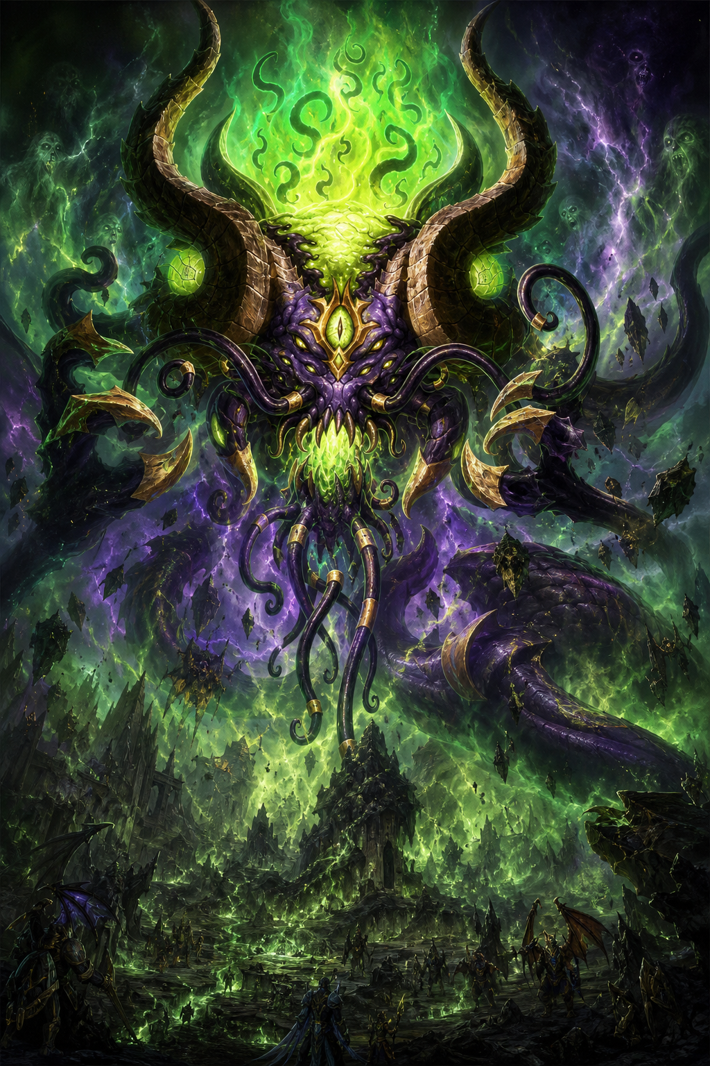 Use the uploaded reference image as the absolute visual reference for Y'Shaarj. Preserve his exact facial structure, horns, eyes, mouth, tentacles, proportions, colors, armor plates and overall Blizzard Warcraft appearance. Never redesign or reinterpret Y'Shaarj into a generic dragon, demon or Lovecraft creature. Remain completely faithful to the uploaded reference image and official Blizzard Entertainment artwork. Y'Shaarj, the mightiest and oldest of the Old Gods, rises above primordial Azeroth before his defeat by the Titans. His colossal body dwarfs entire mountain ranges, with only a fraction of his true form visible. Massive horned tentacles coil across the sky while enormous claws emerge from oceans of black corruption. Countless streams of living Sha energy pour endlessly from his body, spreading fear, hatred, despair, anger, violence, pride and doubt across the world. His gigantic body radiates ancient corruption. Emerald-green Sha mist and black smoke engulf the landscape as the earth itself decays beneath his presence. Mountains split apart, forests wither into lifeless husks, rivers become seas of dark corruption, and enormous floating rocks orbit around the Old God's impossible form. The sky burns with swirling green and violet storms. Thousands of souls and ghostly faces can be seen trapped inside the living Sha clouds surrounding him. Reality bends beneath the overwhelming force of his existence. Tiny Titan Keepers and proto-drakes stand below, emphasizing Y'Shaarj's unimaginable scale. The camera looks upward from ground level, making Y'Shaarj appear like a god towering above the entire world. Ultra-realistic organic flesh, grotesque biological textures, ancient chitin armor, wet tentacles, cinematic volumetric lighting, dramatic shadows, emerald-green Sha energy, black corruption, purple cosmic lightning, Blizzard Entertainment official Warcraft key art, highly digital painting, award-winning fantasy illustration, 8K. The image must evoke absolute corruption, despair, hatred and overwhelming divine power.