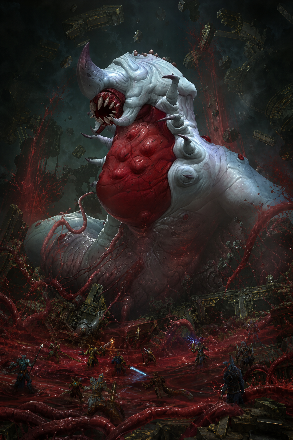 Use the uploaded reference image as the absolute visual reference for G'huun. Preserve his exact body shape, massive fleshy body, white organic shell, exposed crimson flesh, mouth, teeth, proportions, colors, textures and overall Blizzard Warcraft appearance. Never redesign or reinterpret G'huun into a generic Old God, demon or Lovecraft monster. Remain completely faithful to the uploaded reference image and official Blizzard Entertainment artwork. G'huun, the artificial Old God created by the Titan experiments, erupts from the depths of Uldir. His colossal mutated body towers above the ancient Titan research facility. Enormous masses of diseased flesh pulse beneath cracked white organic armor while rivers of infected blood and black corruption pour from countless wounds. His gigantic maw opens wide, revealing multiple rows of razor-sharp teeth capable of devouring entire armies. Massive tendrils of infected flesh spread across the battlefield like living parasites, corrupting everything they touch. The Titan laboratories collapse beneath his impossible weight. Massive containment chambers explode, ancient machinery is ripped apart, and colossal Titan architecture crumbles into the abyss. Clouds of crimson spores, diseased mist and living corruption fill the air. Floating fragments of broken Titan technology surround him while streams of blood-red energy erupt from the shattered containment systems. Tiny Titan constructs, blood trolls and Azeroth's champions stand below, emphasizing G'huun's overwhelming scale. The camera looks upward from ground level, making G'huun appear like an unstoppable biological catastrophe. Ultra-realistic diseased flesh, wet organic textures, exposed muscle, pulsating veins, cracked white chitin armor, grotesque biological horror, parasitic growths, infected tendrils, cinematic volumetric lighting, dramatic shadows, crimson and sickly green lighting, Blizzard Entertainment official Warcraft key art, highly digital painting, award-winning fantasy illustration, 8K. The image must evoke plague, mutation, disease, biological horror and uncontrollable corruption rather than cosmic horror.