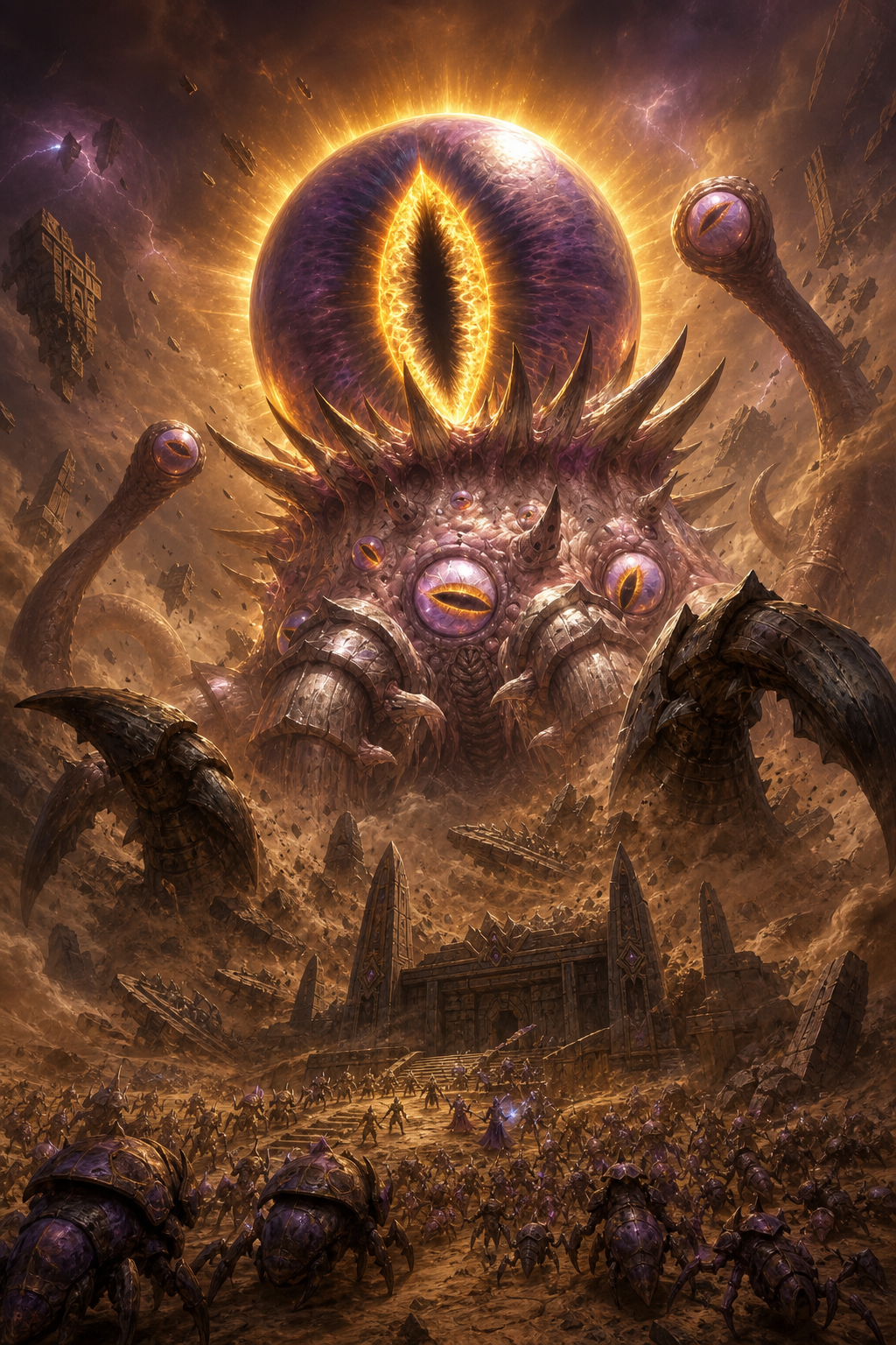 Use the uploaded reference image as the absolute visual reference for C'Thun. Preserve his exact facial structure, gigantic central eye, secondary eyes, tentacles, armored chitin plates, proportions, colors, textures and overall Blizzard Warcraft appearance. Never redesign or reinterpret C'Thun into a generic Lovecraft monster, octopus, squid, demon or random eldritch creature. Remain completely faithful to the uploaded reference image and official Blizzard Entertainment artwork. C'Thun, the All-Seeing Old God, awakens beneath the Temple of Ahn'Qiraj. His colossal body erupts from the endless deserts of Silithus, dwarfing mountains and Titan ruins alike. Only the upper portion of his immense body is visible, while the rest disappears beneath the desert, suggesting that his true form extends for countless kilometers beneath Azeroth. His colossal central eye dominates the entire composition, glowing like a miniature sun of golden Void energy. Every beam of light emanates from the eye itself, making it the unmistakable focal point of the artwork. Hundreds of smaller eyes continuously open and close across his flesh, each one staring in a different direction as though nothing in Azeroth can escape his gaze. His enormous insectoid tentacles coil across the sky like living mountains, crushing colossal Qiraji temples, ancient Titan obelisks and fortress walls beneath their impossible weight. Millions of Qiraji insects, silithid swarms and colossal nerubian-like creatures spread across the battlefield beneath him like an endless living tide, worshipping their ancient god. The deserts of Silithus are torn apart by impossible earthquakes. Sandstorms spiral into the heavens while shattered Titan monoliths and floating ruins orbit around C'Thun's divine presence. Golden Void energy radiates from the central eye, illuminating the desert with amber light while purple cosmic storms rage across the distant sky. The entire battlefield is engulfed in swirling sand, dust and fragments of shattered stone. Tiny mortal champions stand before the Temple of Ahn'Qiraj, emphasizing C'Thun's unimaginable scale. The camera looks upward from ground level, making C'Thun appear like an impossible god towering above the world itself. Ultra-realistic insectoid chitin armor, grotesque biological textures, ancient living flesh, colossal insect anatomy, wet organic surfaces, razor-sharp spines, countless blinking eyes, cinematic volumetric lighting, dramatic shadows, golden Void energy, amber lightning, desert sandstorms, Blizzard Entertainment official Warcraft key art, highly digital painting, award-winning fantasy illustration, 8K. The artwork must immediately communicate that C'Thun is not merely a monster, but an ancient god whose omnipresent gaze can shatter mortal sanity. The giant golden eye must be the first thing the viewer notices.