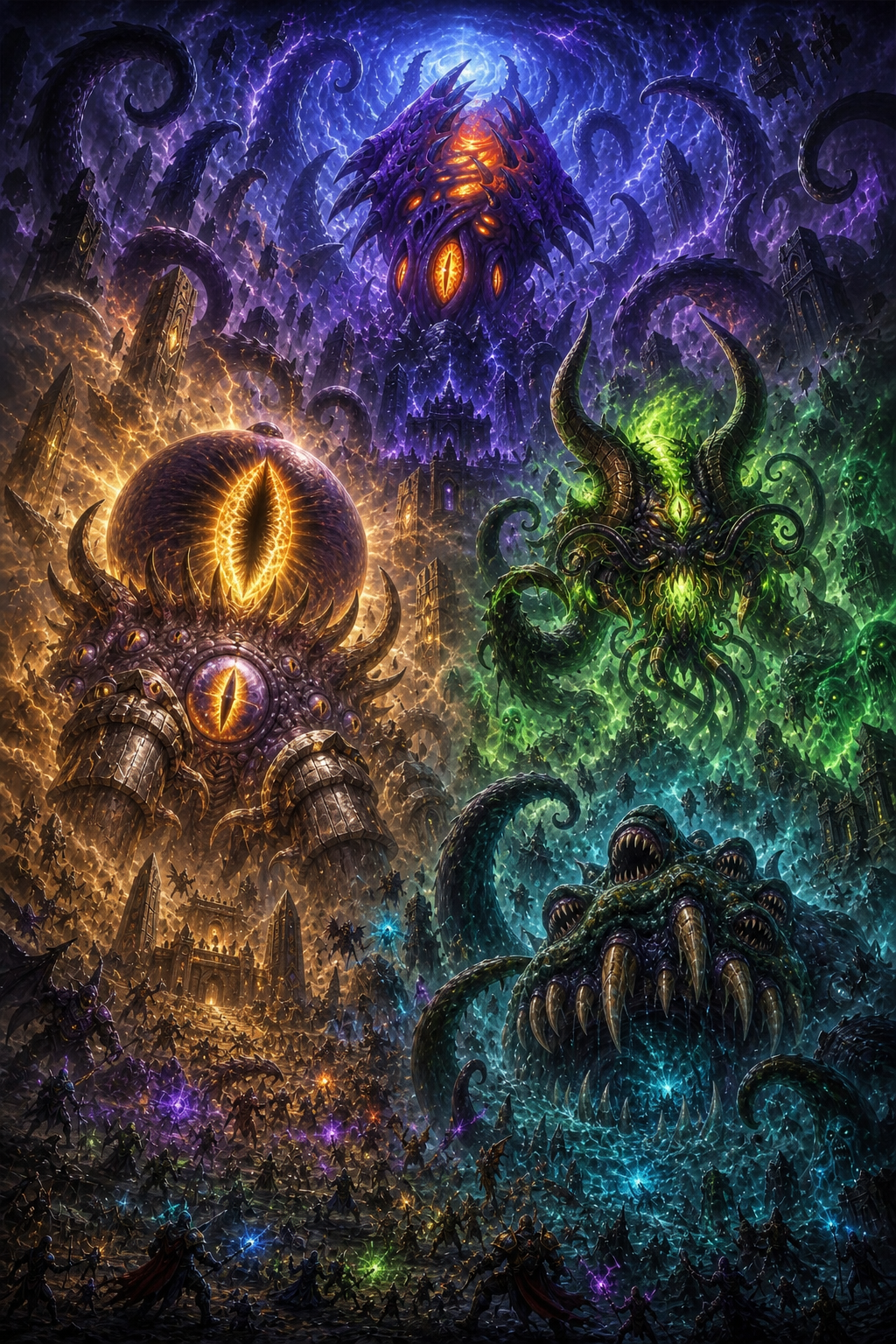 Use all four reference images as STRICT identity references. Reference Image 1 = N'Zoth
Reference Image 2 = Yogg-Saron
Reference Image 3 = Y'Shaarj
Reference Image 4 = C'Thun Absolutely preserve the official Warcraft appearance of each Old God.
Do NOT redesign or merge them.
Each Old God must be instantly recognizable. This is the ultimate official Blizzard key art depicting the return of ALL FOUR Old Gods together. The composition must feel like the cover art of a World of Warcraft expansion. ----------------------------------------
COMPOSITION
---------------------------------------- N'Zoth occupies the highest point of the composition, emerging from an endless cosmic Void storm above the world. He is NOT in front of everyone.
He watches from behind all creation like the supreme mastermind. His enormous tentacles wrap around the entire sky, disappearing into clouds and returning from impossible directions. Below him, the battlefield is divided into three massive fronts. LEFT:
C'Thun erupts from a collapsing Titan desert city.
His colossal central eye radiates golden Void energy brighter than the sun.
Titan obelisks explode around him.
Millions of Qiraji swarm beneath him. RIGHT:
Y'Shaarj dominates an ocean of emerald Sha corruption.
His gigantic horned head towers above the battlefield.
Countless Sha spirits emerge from his body.
Green corruption consumes entire mountains. FRONT RIGHT / LOWER:
Yogg-Saron rises from a black ocean of madness.
Gigantic mouths.
Endless teeth.
Colossal tentacles.
Living nightmares.
Screaming ghostly faces trapped inside swirling fog.
Reality itself bends around him. All four Old Gods should visually interact. N'Zoth's tentacles extend behind the other three. Green Sha corruption spreads into C'Thun's desert. Yogg's nightmare fog merges with the Void. The battlefield becomes one continuous apocalypse instead of four separated scenes. ----------------------------------------
SCALE
---------------------------------------- Each Old God is hundreds of meters tall. Entire cities disappear beneath them. Tiny heroes, Titan Keepers, dragons, armies, Qiraji, Aqir, Faceless Ones and corrupted creatures fight below. Thousands upon thousands of soldiers. The ground is almost invisible beneath the armies. ----------------------------------------
BACKGROUND
---------------------------------------- The Black Empire at its absolute peak. Impossible Titan architecture. Floating continents. Broken monoliths. Planet-sized Void vortex. Purple storms. Emerald corruption. Golden Titan ruins collapsing. Reality tearing apart. Floating debris. Entire mountains levitating. ----------------------------------------
LIGHTING
---------------------------------------- Epic Blizzard cinematic lighting. Volumetric god rays. Cinematic atmosphere. Heavy fog. Dust. Lightning. Magic illuminating the battlefield. Ultra realistic organic textures. Wet flesh. Ancient stone. chitin. Light scattering. Depth everywhere. Every Old God illuminated with its own color palette: N'Zoth = deep violet + orange Void light. C'Thun = golden light + crimson desert dust. Y'Shaarj = emerald green Sha fire. Yogg-Saron = cyan nightmare mist + dark blue horror. The colors blend naturally without overpowering one another. ----------------------------------------
STYLE
---------------------------------------- Official Blizzard Entertainment key art. World of Warcraft expansion cover. AAA promotional illustration. Ultra realistic. Dark fantasy. Cosmic horror. Insane level of detail. Perfect anatomy. Perfect composition. . No cartoon. No anime. No painterly abstraction. No concept sketch. Official Blizzard cinematic quality.