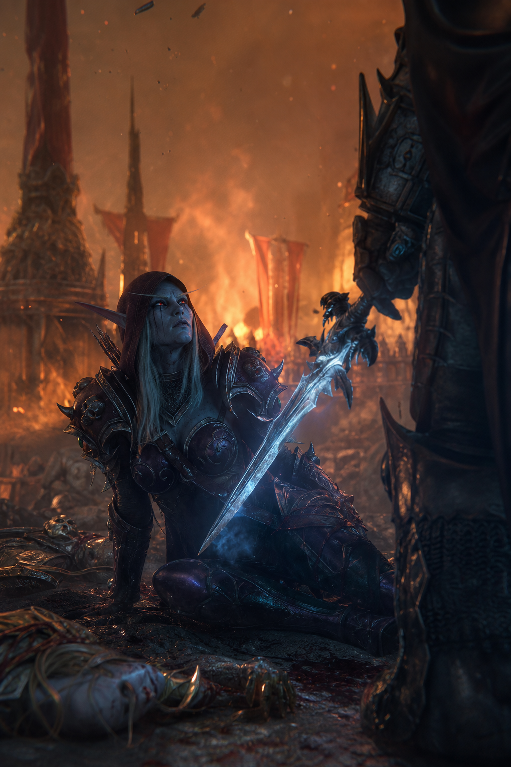 Use the uploaded reference image as the ONLY identity reference for Sylvanas Windrunner. Preserve her EXACT face, eyes, skin tone, ears, hairstyle, proportions and overall identity. Do not redesign or reinterpret her. She must remain identical across every image in this series, only changing clothing, age expression, environment and story progression. Official Blizzard Entertainment cinematic realism. Use the uploaded reference image as the ONLY identity reference. This is the final battle against Arthas. Silvermoon burns. Dead High Elves everywhere. Sylvanas is mortally wounded. Arthas stands before her holding Frostmourne. She still wears her Ranger-General armor. Her expression shows defiance rather than fear. Orange fire.
Ash.
Smoke.
Destroyed elven architecture. Official Blizzard cinematic artwork. Ultra realistic.