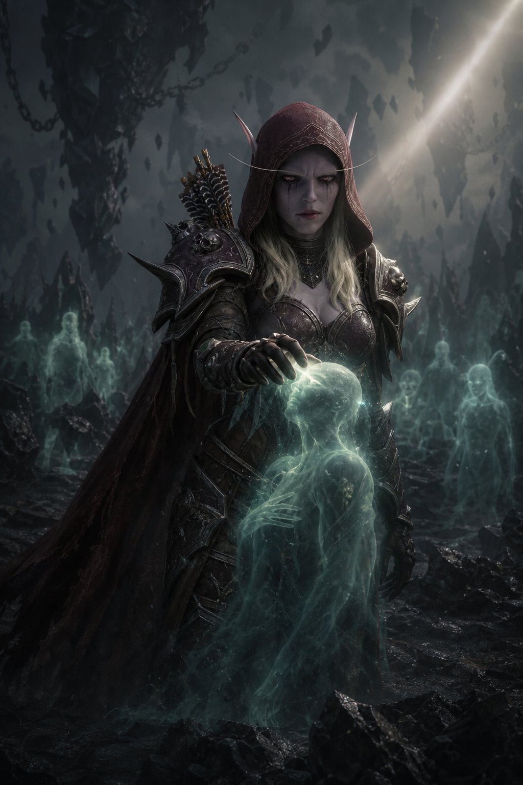 Use the uploaded reference image as the ONLY identity reference for Sylvanas Windrunner. Preserve her EXACT face, eyes, skin tone, ears, hairstyle, proportions and overall identity. Do not redesign or reinterpret her. She must remain identical across every image in this series, only changing clothing, age expression, environment and story progression. Use the uploaded reference image as the ONLY identity reference. Sylvanas walks alone through the Maw. Dark ruined landscape. Chains. Floating rocks. Souls trapped everywhere. She gently frees lost souls from eternal torment. Her expression is solemn and remorseful. A faint ray of light shines upon her. This is not a triumphant ending. It is the beginning of redemption. Official Blizzard cinematic artwork. Ultra realistic.