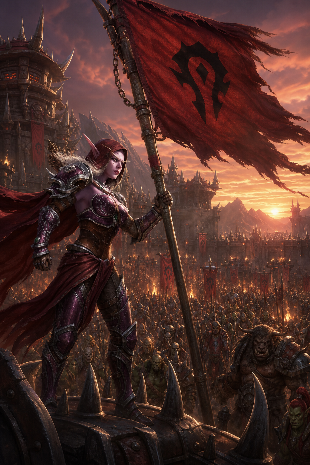 Use the uploaded reference image as the ONLY identity reference for Sylvanas Windrunner. Preserve her EXACT face, eyes, skin tone, ears, hairstyle, proportions and overall identity. Do not redesign or reinterpret her. She must remain identical across every image in this series, only changing clothing, age expression, environment and story progression.
Use the uploaded reference image as the ONLY identity reference. Sylvanas stands atop the gates of Orgrimmar after becoming Warchief. Holding the Horde banner. Thousands of Horde soldiers below. Orcs. Tauren. Trolls. Blood Elves. Epic sunset. Wind blowing her cape. Heroic composition. Official Blizzard cinematic artwork. Ultra realistic.