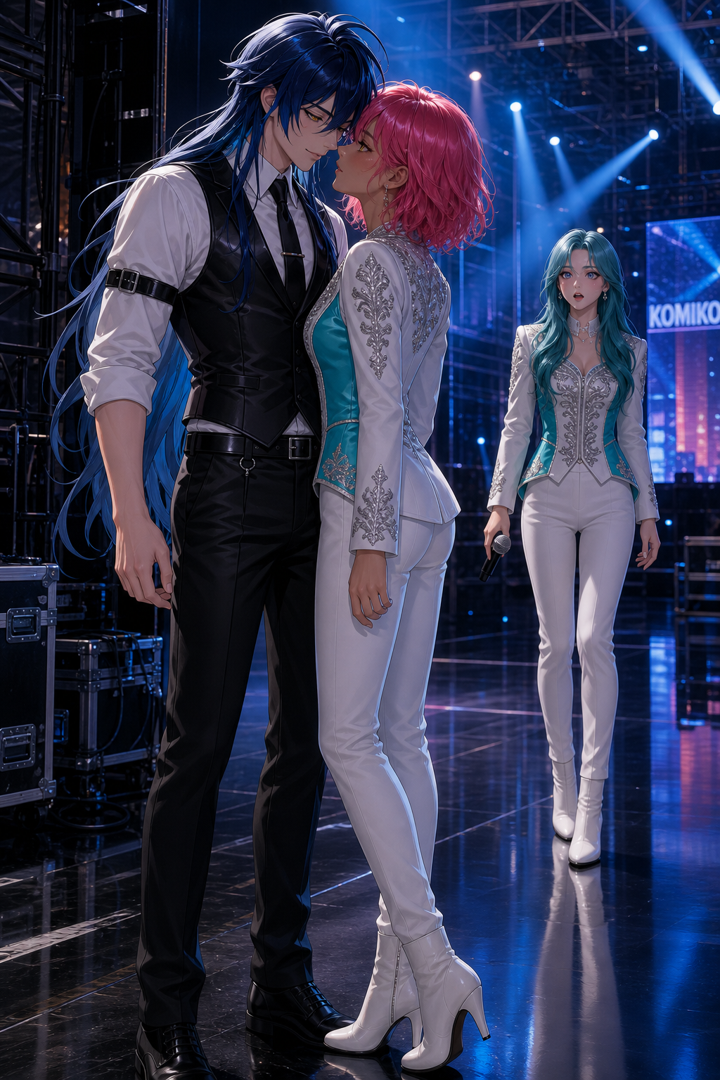 Use the uploaded reference images as the ONLY identity references. Reference 1 = Andres. Reference 2 = Kimiko. Reference 3 = Mika. Preserve the EXACT faces, hairstyles, eye colors, body proportions and identities of all three characters. DO NOT redesign any character. ---------------------------------------- ANDRES Tall man with very long dark blue hair and golden eyes. He is wearing: White rolled-sleeve dress shirt. Black fitted vest. Black necktie. Black leather arm straps. Black fitted trousers. Black belt. Black formal leather shoes. ---------------------------------------- KIMIKO Long turquoise hair. Official Komiko Idol costume. White fitted stage jacket. Turquoise side panels. Silver embroidery. White fitted pants. White high-heeled ankle boots. ---------------------------------------- MIKA Short pink hair. She is also wearing the official Komiko Idol costume. The costume is identical to Kimiko's. White fitted stage jacket. Turquoise side panels. Silver embroidery. White fitted pants. White high-heeled ankle boots. Never dress Mika in the white dress from her reference. ------------------ Continue directly from the previous backstage rehearsal scene. Kimiko has just finished rehearsing on the main stage. She briefly walked away to speak with the production staff. After finishing the conversation, she quietly walks back toward the rehearsal area while still holding her microphone. Meanwhile... Andres and Mika remain backstage talking alone. The rehearsal venue is now much quieter. Most of the staff members are busy on the opposite side of the stage. Blue concert lights slowly move across the empty rehearsal hall. Mika smiles warmly. "So... was I good enough?" Andres smiles sincerely. "You were incredible. Honestly... I think you're ready for this stage." Mika blushes. She laughs softly. "Really?" Andres nods. "You don't need to doubt yourself anymore." She looks down for a second before smiling again. "You always know exactly what to say..." Their conversation becomes quieter. Mika slowly takes one step closer. Then another. Neither of them notices how close they have become. Their faces are now only a few centimeters apart. They maintain uninterrupted eye contact. Mika smiles nervously. Andres instinctively leans slightly toward her. Mika gently tilts her head. For one suspended moment... It genuinely appears they are about to share their very first kiss. Their lips DO NOT touch. No kiss happens. Exactly at that instant... Kimiko quietly returns. Kimiko is standing several meters behind them. She has completely stopped walking. She is holding her microphone loosely in one hand. She has accidentally witnessed the entire almost-kiss. Her eyes are wide open. Her mouth is slightly open in genuine surprise. She looks completely caught off guard. She is NOT angry. She is NOT jealous. She simply cannot believe what she has just walked into. Neither Andres nor Mika has noticed Kimiko yet. Composition: Foreground:
Andres and Mika almost kissing. Background:
Kimiko standing frozen in surprise after witnessing the scene. All three characters are fully visible. No cropped bodies. Luxury concert backstage. Professional rehearsal stage. Massive LED screens. Concert equipment. Blue and white spotlights. Highly polished reflective floor. Beautiful cinematic depth of field. Ultra realistic. Official promotional artwork. AAA quality. . Highly . Natural anatomy. Emotional facial expressions. Perfect character consistency. The emotional focus is the silent tension between Andres and Mika, while Kimiko unexpectedly witnesses the almost-kiss.