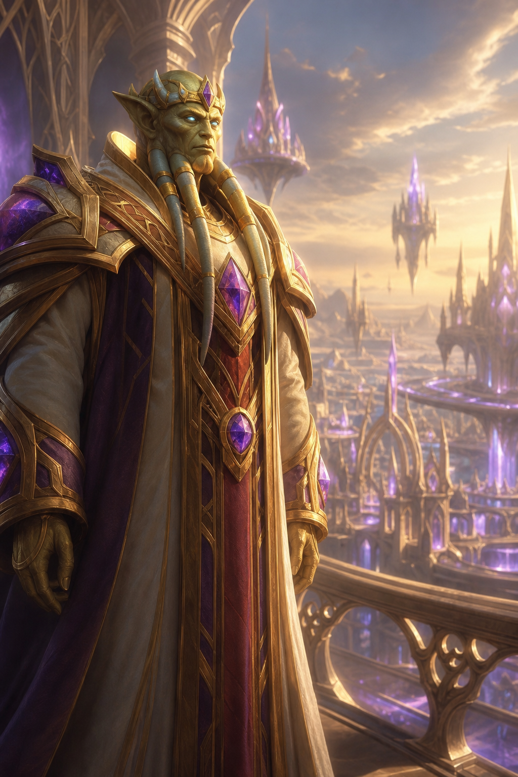 Use the uploaded reference image as the ONLY identity reference. This scene takes place before Kil'jaeden became a demon. He is still an eredar ruler. His skin is smooth golden bronze. His horns are much smaller. His eyes glow blue with arcane magic. He wears magnificent royal eredar robes decorated with gold and crystals. He stands proudly overlooking the shining cities of Argus. Floating crystal towers. Arcane rivers. Peaceful skies. He looks wise, noble and respected. Official Blizzard cinematic artwork. Ultra realistic.