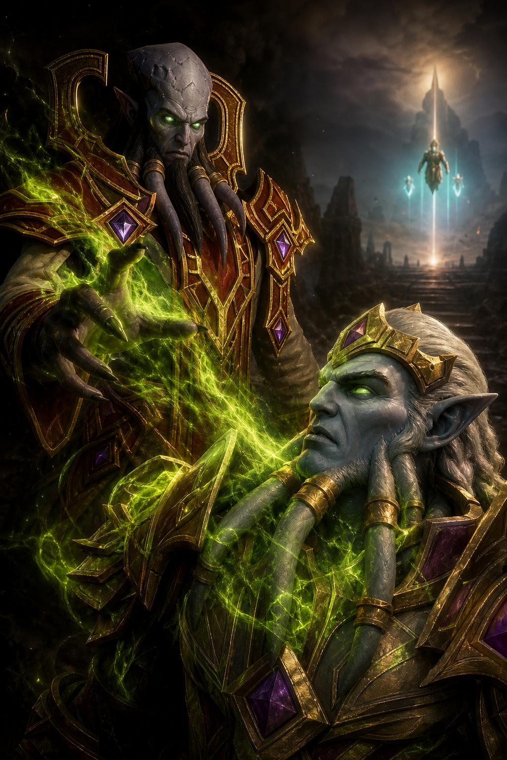 Use the uploaded reference image as the ONLY identity reference. This scene takes place before Kil'jaeden became a demon. Continue the story. Velen refuses Sargeras' offer. Far in the distance he escapes with the naaru. Kil'jaeden slowly reaches toward Sargeras. Green fel energy begins flowing into his body. His eyes start changing from blue into glowing green. The corruption has only just begun. Official Blizzard cinematic artwork. Ultra realistic.