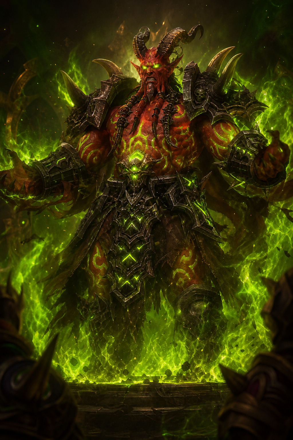 Use the uploaded reference image as the ONLY identity reference. This scene takes place before Kil'jaeden became a demon. Continue the story. Kil'jaeden is transforming into his final demonic form. His horns rapidly grow. His skin becomes crimson red. Massive fel tattoos appear across his body. His eyes burn with fel fire. His royal robes dissolve into legendary Burning Legion armor. Green flames explode around him. This is the birth of The Deceiver. Official Blizzard cinematic artwork. Ultra realistic.
