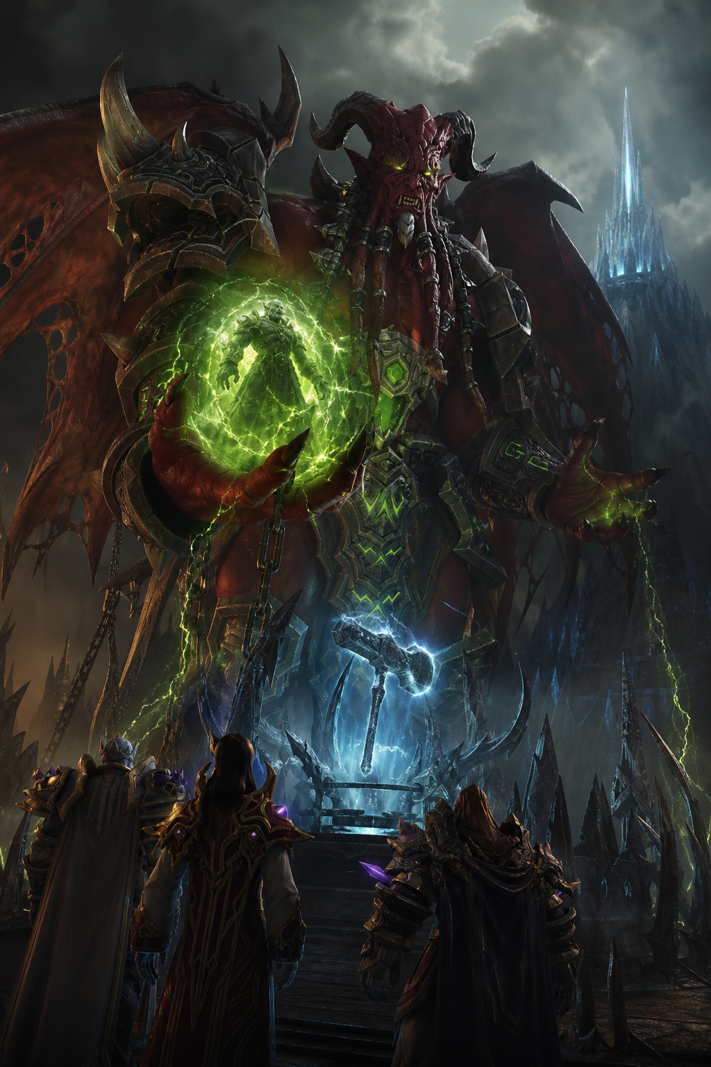 Use the uploaded reference image as the ONLY identity reference. Continue the story. Kil'jaeden imprisons Ner'zhul's spirit. The Helm of Domination and Frostmourne are being forged. Fel magic collides with icy magic. The Frozen Throne appears in the distance. Kil'jaeden controls the ritual. He appears enormous compared to Ner'zhul. Official Blizzard cinematic artwork. Ultra realistic.