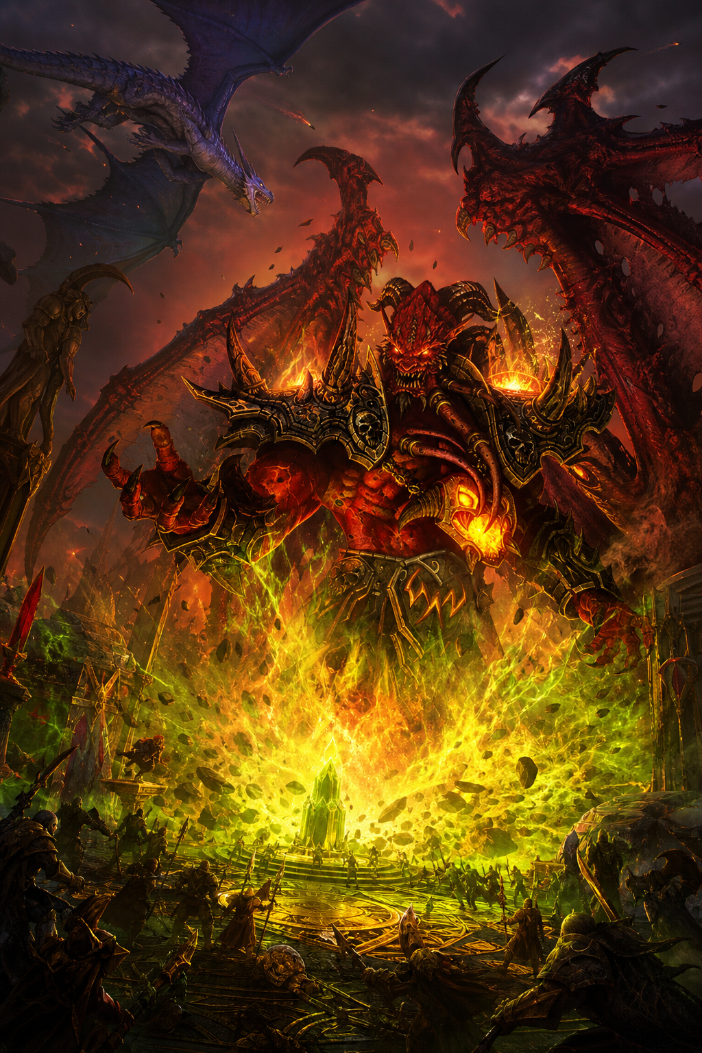 Use the uploaded reference image as the ONLY identity reference. Continue the story. Kil'jaeden begins emerging from the Sunwell. Only the upper half of his colossal body has crossed into Azeroth. The Sunwell erupts with arcane and fel energy. Heroes battle desperately below. Kalecgos flies overhead. Kil'jaeden roars as the portal begins collapsing. Official Blizzard cinematic artwork. Ultra realistic. Epic scale.