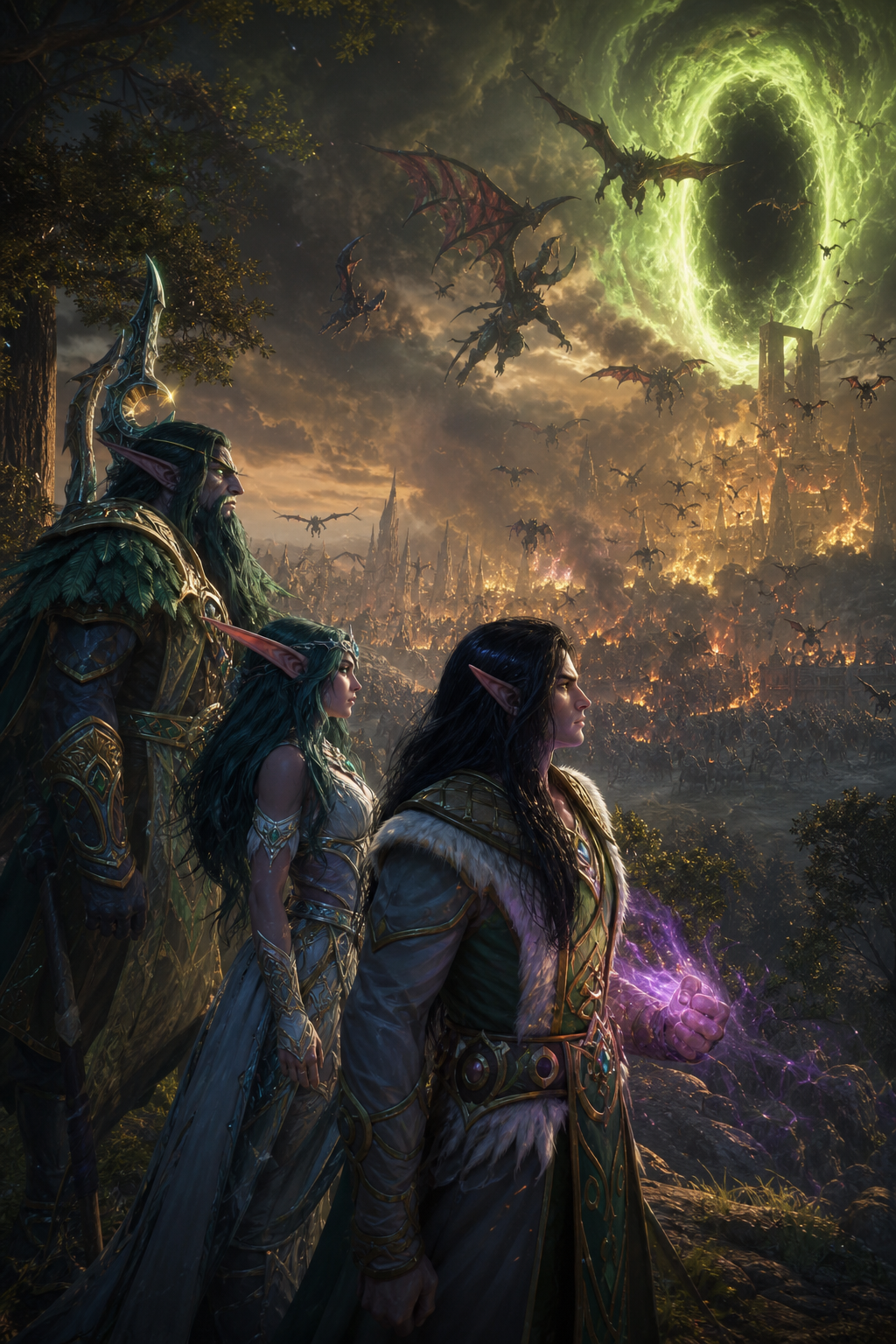 Continue the story. Use the uploaded reference image as the ONLY identity reference for Illidan Stormrage. This scene takes place thousands of years BEFORE Illidan became a demon. He is still a young Night Elf mage. Remove the horns, wings, tattoos and blindfold. He has long black hair, glowing amber eyes and elegant night elf robes. Illidan stands beside Tyrande Whisperwind while Malfurion Stormrage stands nearby. The Burning Legion invades Azeroth for the first time. Demons pour through gigantic portals. Ancient night elf cities burn in the distance. Illidan watches the invasion with determination, already believing that any sacrifice is worth defeating the Legion. Official Blizzard cinematic artwork. Ultra realistic. ..