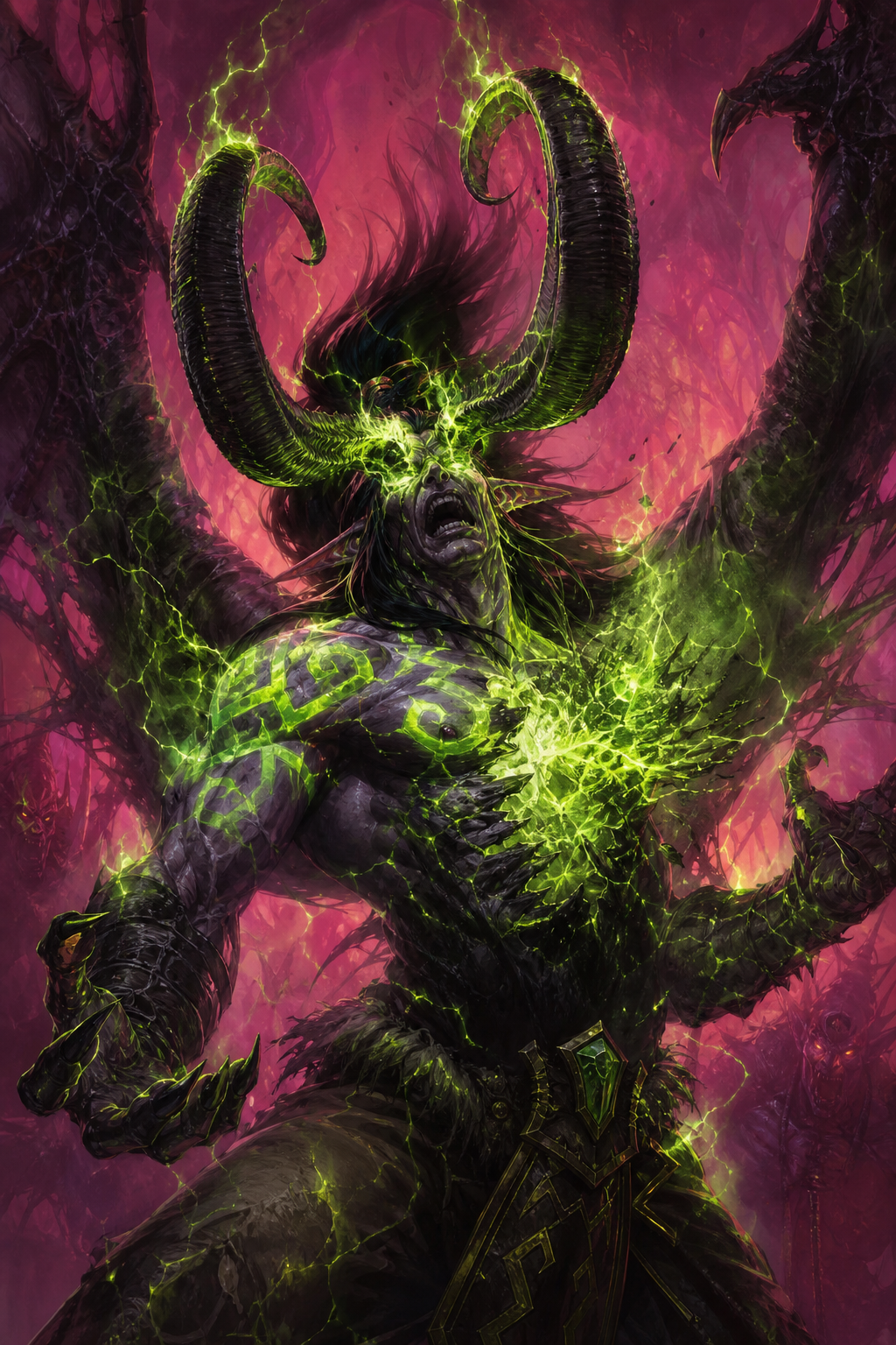 Continue directly from the previous scene. Illidan has decided to embrace forbidden power. He absorbs the energy of the Skull of Gul'dan. Fel energy violently erupts around his body. His eyes are destroyed by overwhelming fel magic. Massive horns grow. Dark green tattoos appear across his body. Demonic wings begin emerging from his back. This is the birth of the first Demon Hunter. The atmosphere is violent, dramatic and tragic. Official Blizzard cinematic artwork. Ultra realistic. .