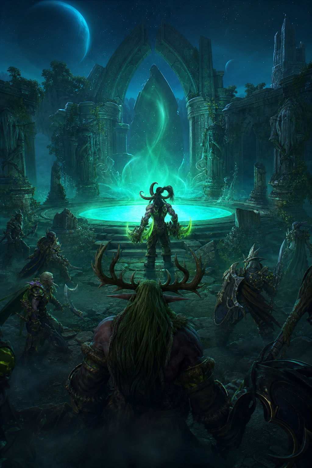Continue directly from the previous scene. The War of the Ancients has ended. Illidan secretly creates a new Well of Eternity. Malfurion realizes what he has done. Maiev Shadowsong and the Wardens surround Illidan. Illidan stands proudly before the glowing waters, refusing to regret his actions. Ancient night elf ruins surround the battlefield. The atmosphere feels tragic rather than evil. This is the moment Illidan becomes known as The Betrayer before being imprisoned for ten thousand years. Official Blizzard cinematic artwork. Ultra realistic. .