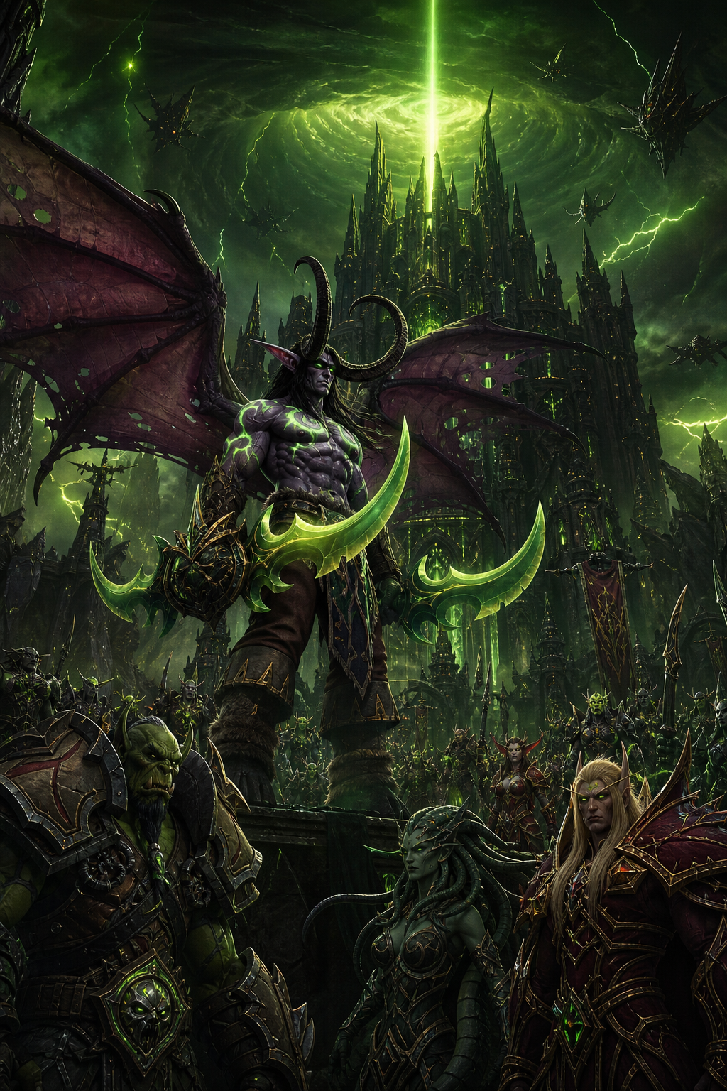 Continue the story ten thousand years later. Illidan has escaped imprisonment. He now rules Outland from the Black Temple. The shattered skies of Outland surround him. Fel orcs, naga and blood elves stand beneath him as loyal allies. The Black Temple towers behind him. Green fel storms illuminate the landscape. Illidan has become stronger than ever, preparing for war against the Burning Legion. He appears powerful, determined and completely in control. Official Blizzard cinematic artwork. Ultra realistic. .