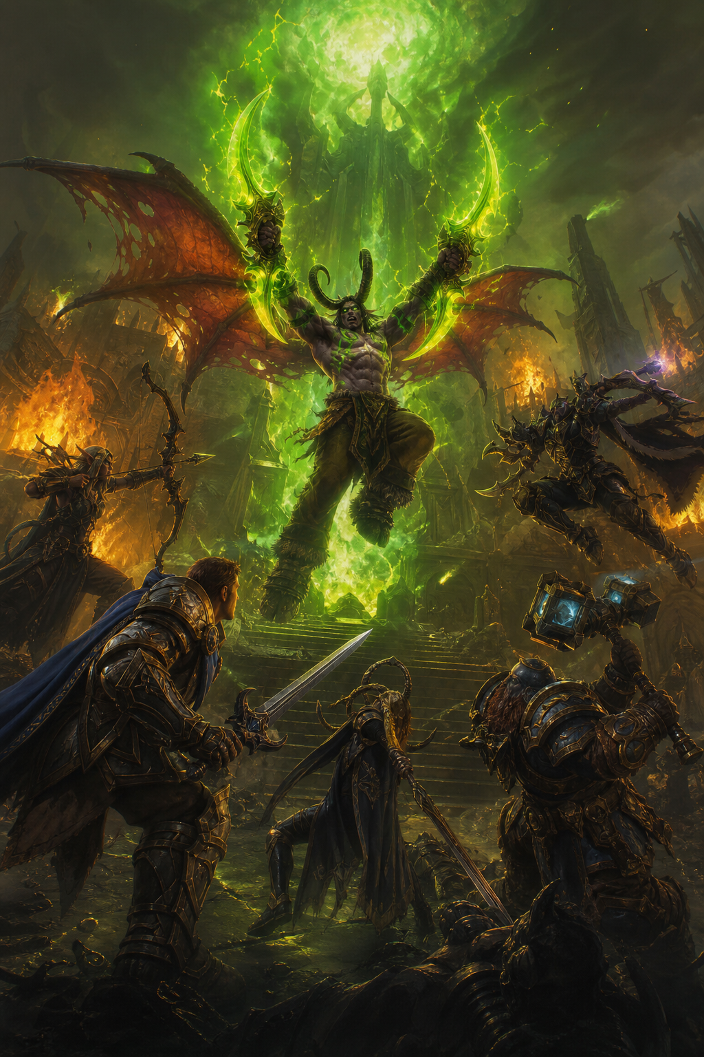 Continue directly from the previous scene. The final battle inside the Black Temple. Illidan faces the champions of Azeroth. Maiev Shadowsong joins the battle. The Temple burns around them. Illidan raises the Warglaives of Azzinoth while unleashing enormous fel energy. His expression shows absolute determination. This is the legendary battle where Illidan is defeated. The atmosphere is heroic, desperate and unforgettable. Official Blizzard cinematic artwork. Ultra realistic. .