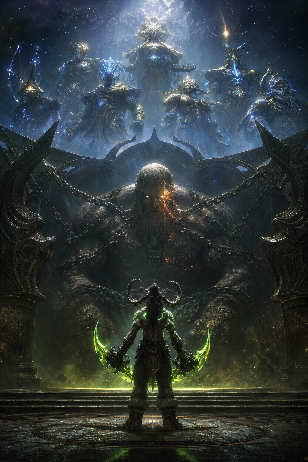 Continue directly from the previous scene. The Burning Legion has been defeated. Inside the Seat of the Pantheon, Sargeras has been imprisoned forever. Illidan stands alone before the imprisoned Dark Titan. The Pantheon watches silently in the distance. The universe stretches endlessly beyond them. Illidan holds the Warglaives of Azzinoth at his sides. His wings slowly fold behind him. His expression is peaceful. He willingly chooses to remain behind for eternity as the eternal jailer of Sargeras. There is no victory celebration. Only sacrifice. The atmosphere is emotional, solemn and legendary. This is the final chapter of Illidan Stormrage's story. Official Blizzard Entertainment cinematic artwork. World of Warcraft promotional key art. Ultra realistic. AAA quality. . Dark fantasy. Hyper . Epic cinematic lighting. No anime. No cartoon. No text. No watermark.