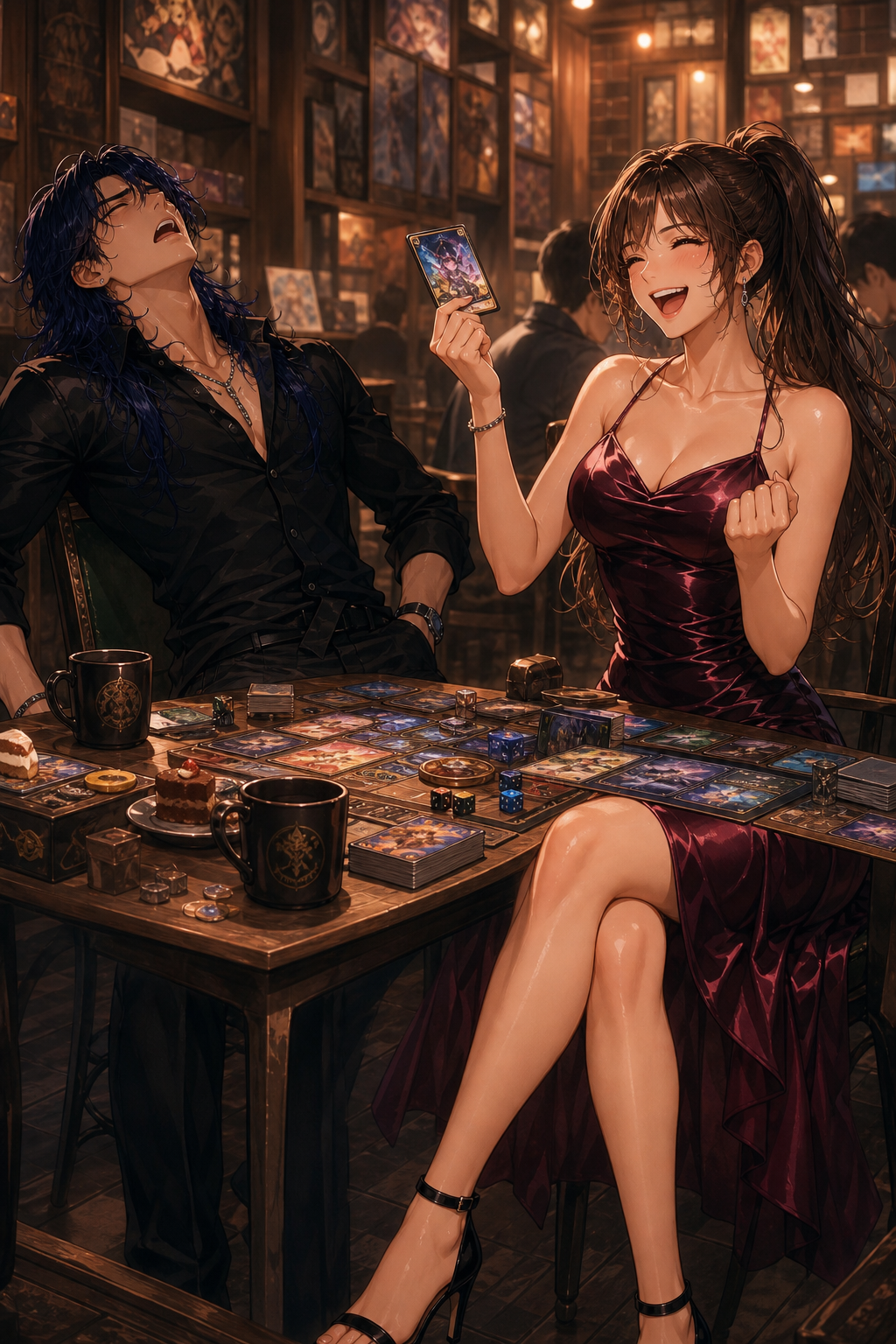 Use "andres3" as the character reference for Andres. Use "meek meek3" as the character reference for Meek Meek. Ultra cinematic anime illustration, luxury romance, elegant lifestyle editorial. Inside an elegant board game café. Andres and Meek Meek are sitting across from each other playing a fantasy trading card game. Andres has just lost the final turn and dramatically leans back in his chair with an exaggerated defeated expression while Meek Meek happily celebrates her victory, laughing as she holds her winning card. The table is covered with colorful fantasy trading cards, dice, game tokens, coffee mugs, and small desserts. The atmosphere is playful, warm, and full of genuine laughter. Meek Meek exactly matches the reference image. Long dark brown high ponytail exactly matching the reference image. Warm healthy light skin with subtle golden undertones. Expressive brown eyes. She wears the exact same elegant satin burgundy midi dress with a flowing skirt, black high heels, small diamond earrings and one delicate bracelet.